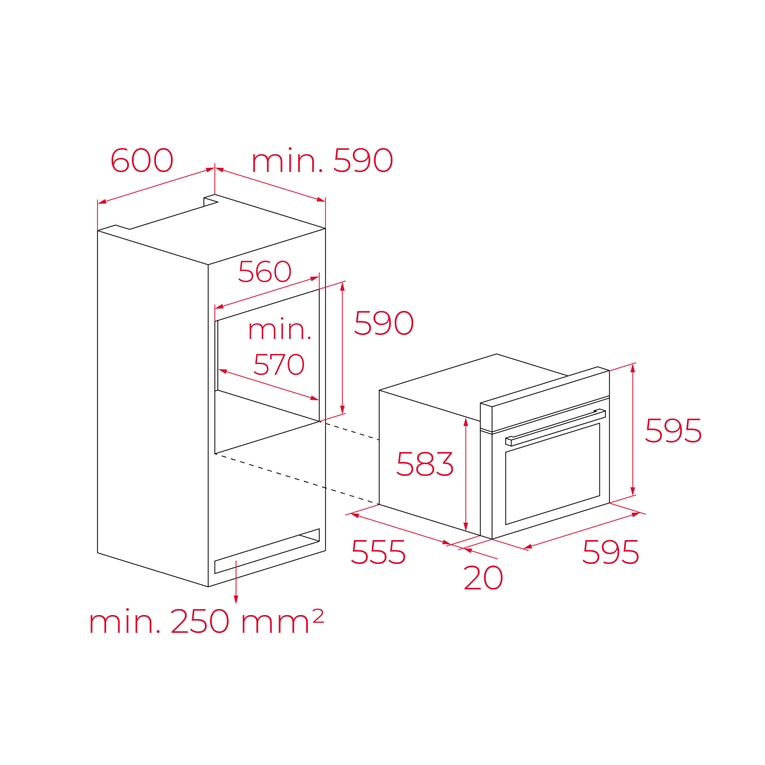 Dibujo técnico que muestra las dimensiones de instalación de un horno en un mueble.