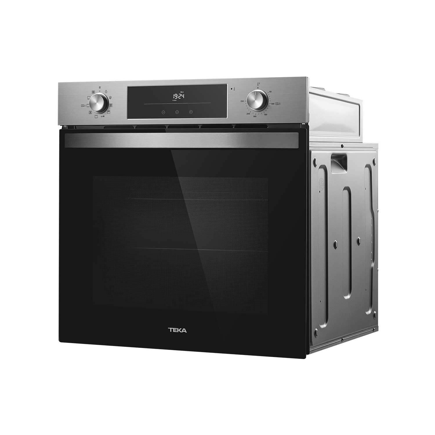 Horno plateado moderno con pantalla digital y dos perillas giratorias sobre un fondo negro.