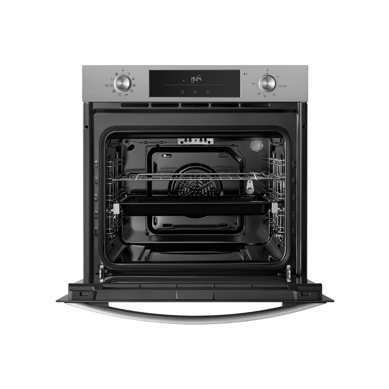 Horno de acero inoxidable con puerta negra abierta, rejilla y bandeja dentro.