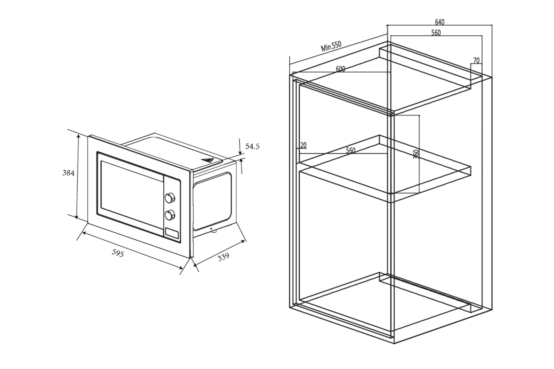 Dibujo técnico con dimensiones para un microondas empotrado y el mueble correspondiente.