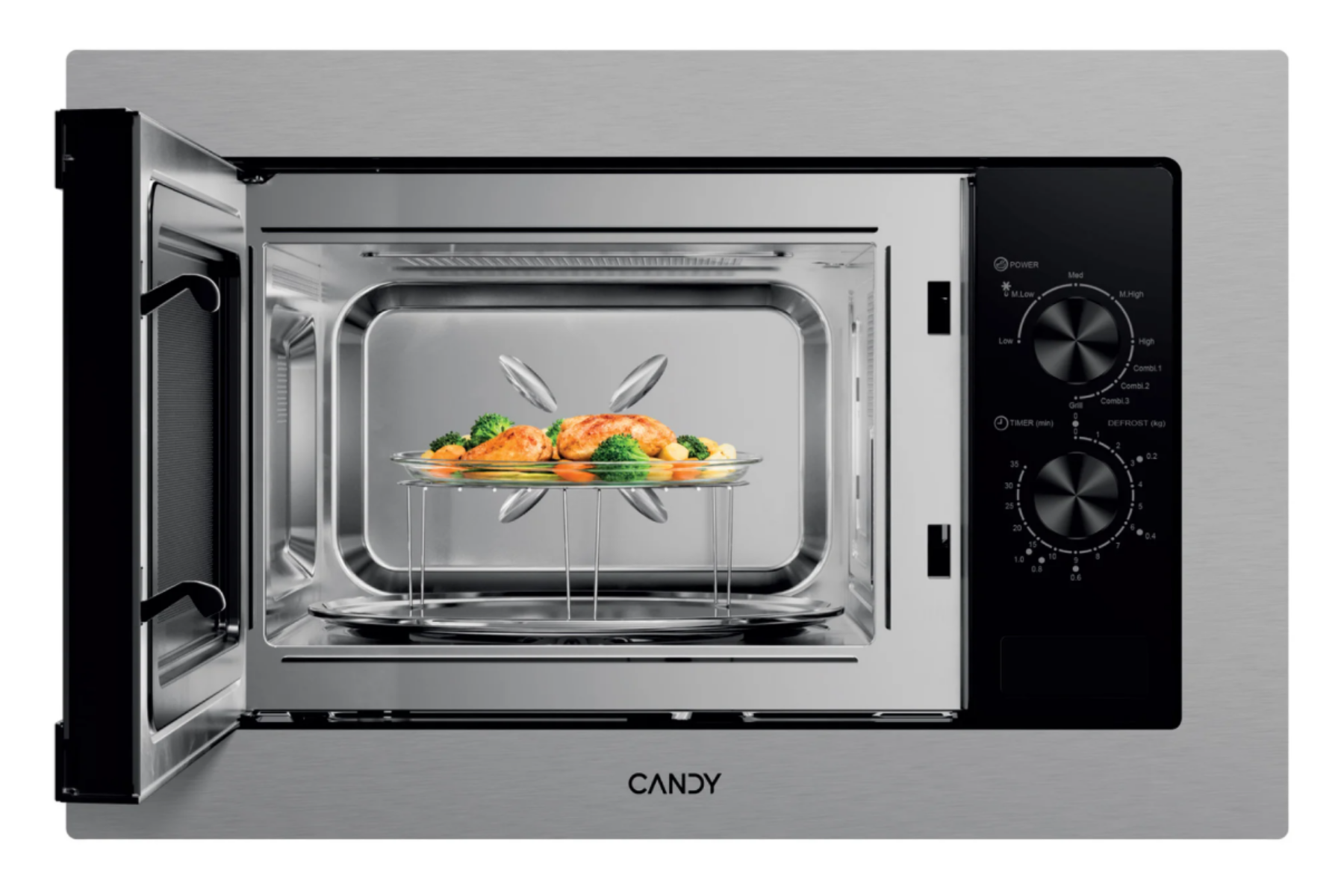 Un horno microondas de acero inoxidable con la puerta abierta, que contiene un plato de pollo y verduras.