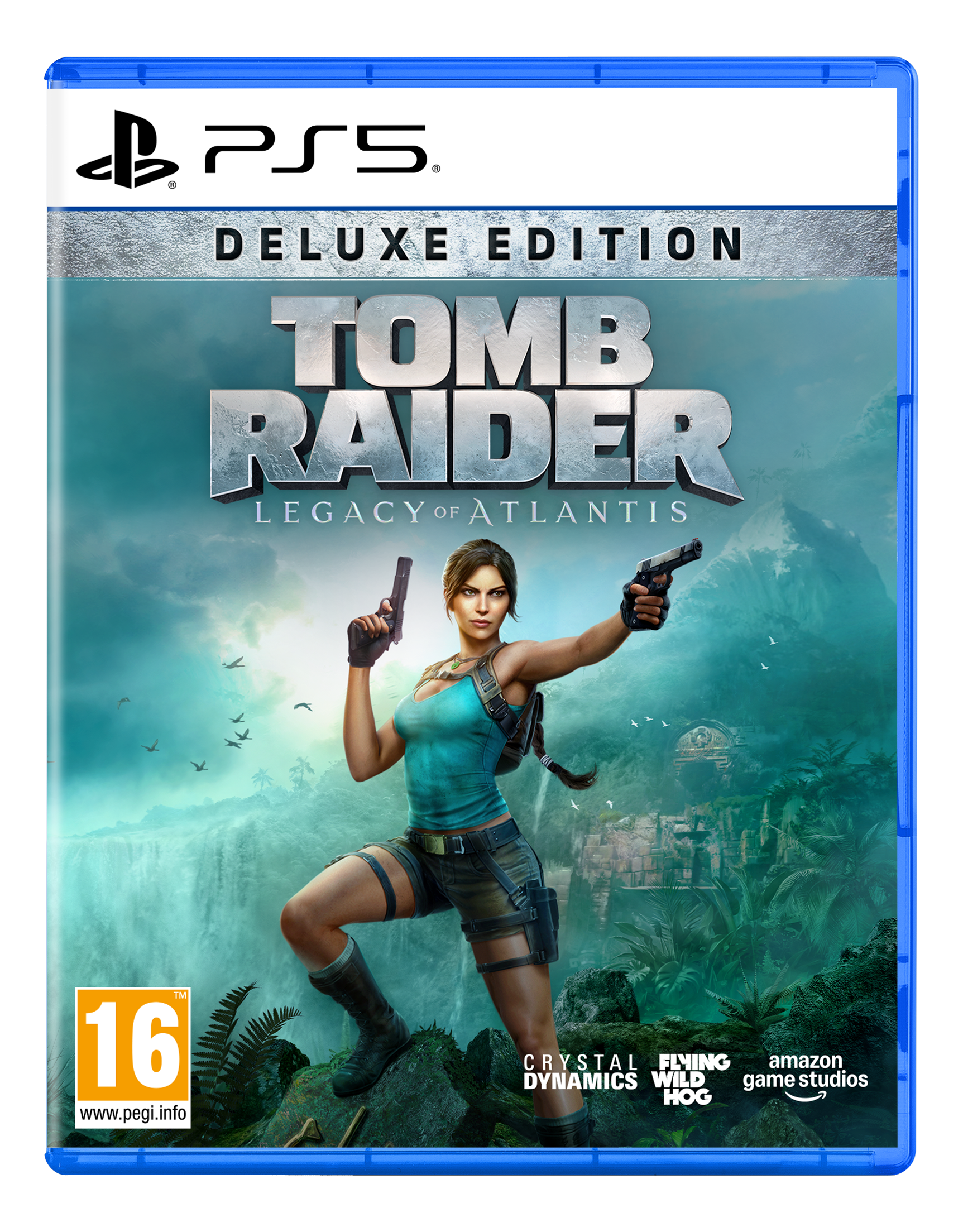 Boîtier PS5 de Tomb Raider Deluxe Edition avec Lara Croft dans la jungle.