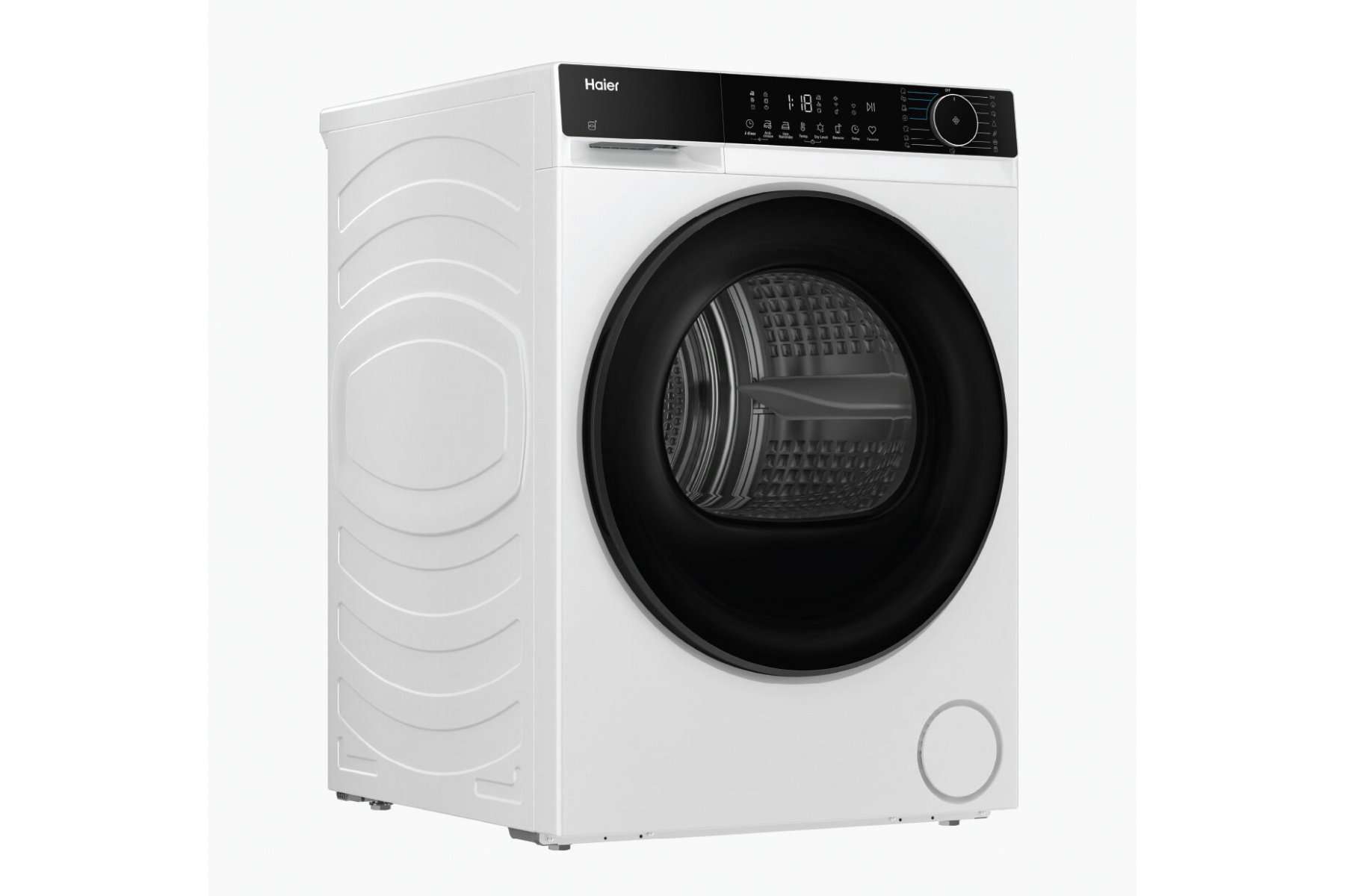 Secadora Haier blanca con puerta de cristal negra y panel de control digital sobre fondo blanco.