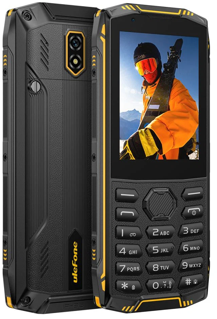 Strapabíró fekete-sárga gombos telefon síelő képpel a képernyőn.