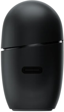 Egy matt fekete tojás alakú eszköz elöl USB-C porttal, fekete háttér előtt.