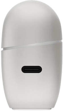 Egy fehér, tojás alakú töltőtok fekete USB-C porttal az előlapon, fekete háttér előtt.
