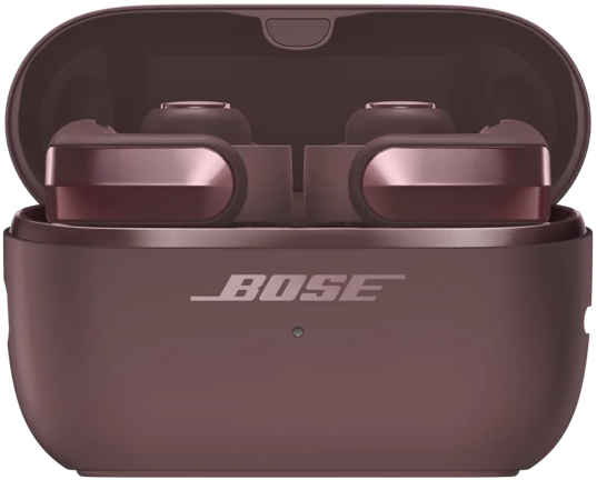 Bose vezeték nélküli fülhallgató nyitott, illeszkedő lila töltőtokban, középen a Bose logóval.