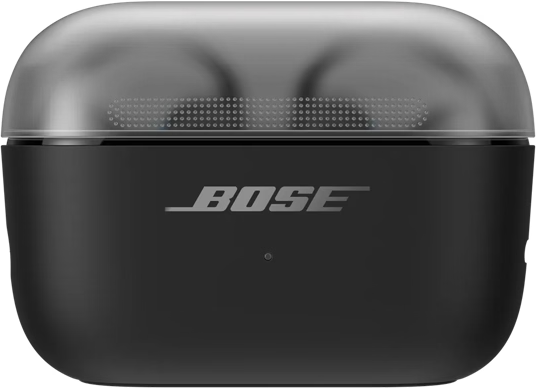 Fekete Bose vezeték nélküli fülhallgatótok áttetsző fedéllel, az előlapon Bose logóval, fekete háttér előtt.