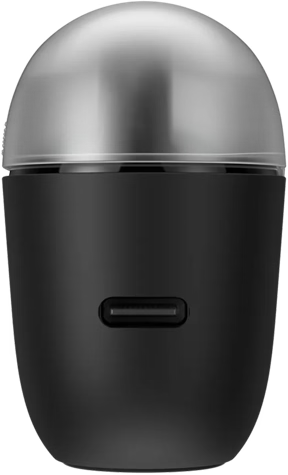 Egy matt fekete, lekerekített eszköz átlátszó kupakkal és USB-C porttal.