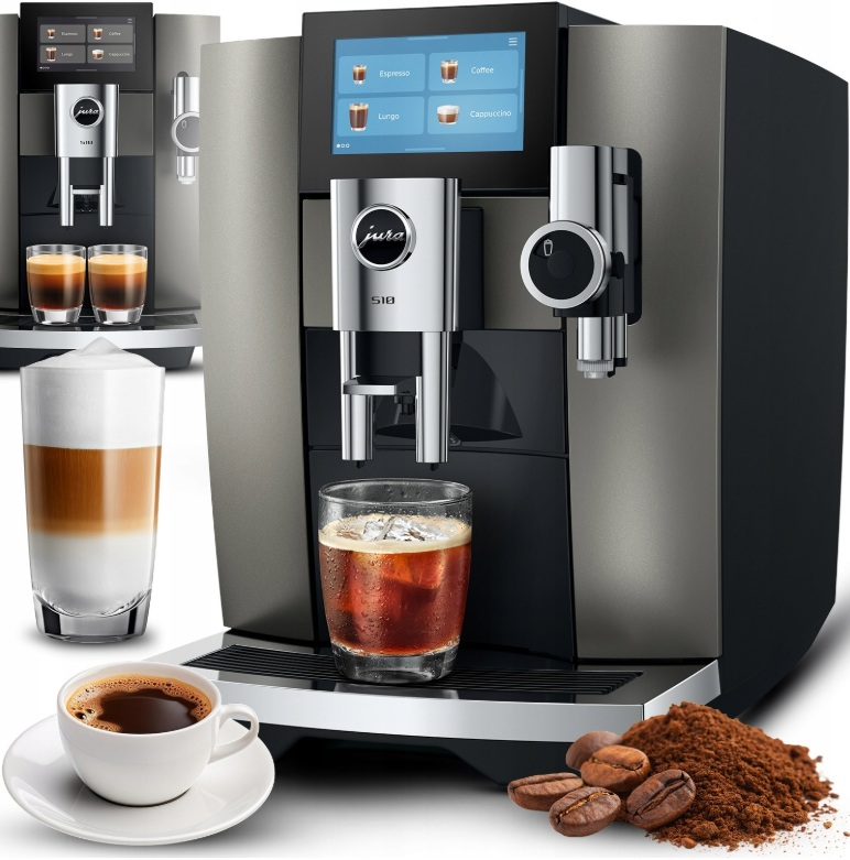 Nowoczesny szary ekspres do kawy Jura S10 z ekranem dotykowym, filiżanką kawy, latte macchiato i ziarnami.