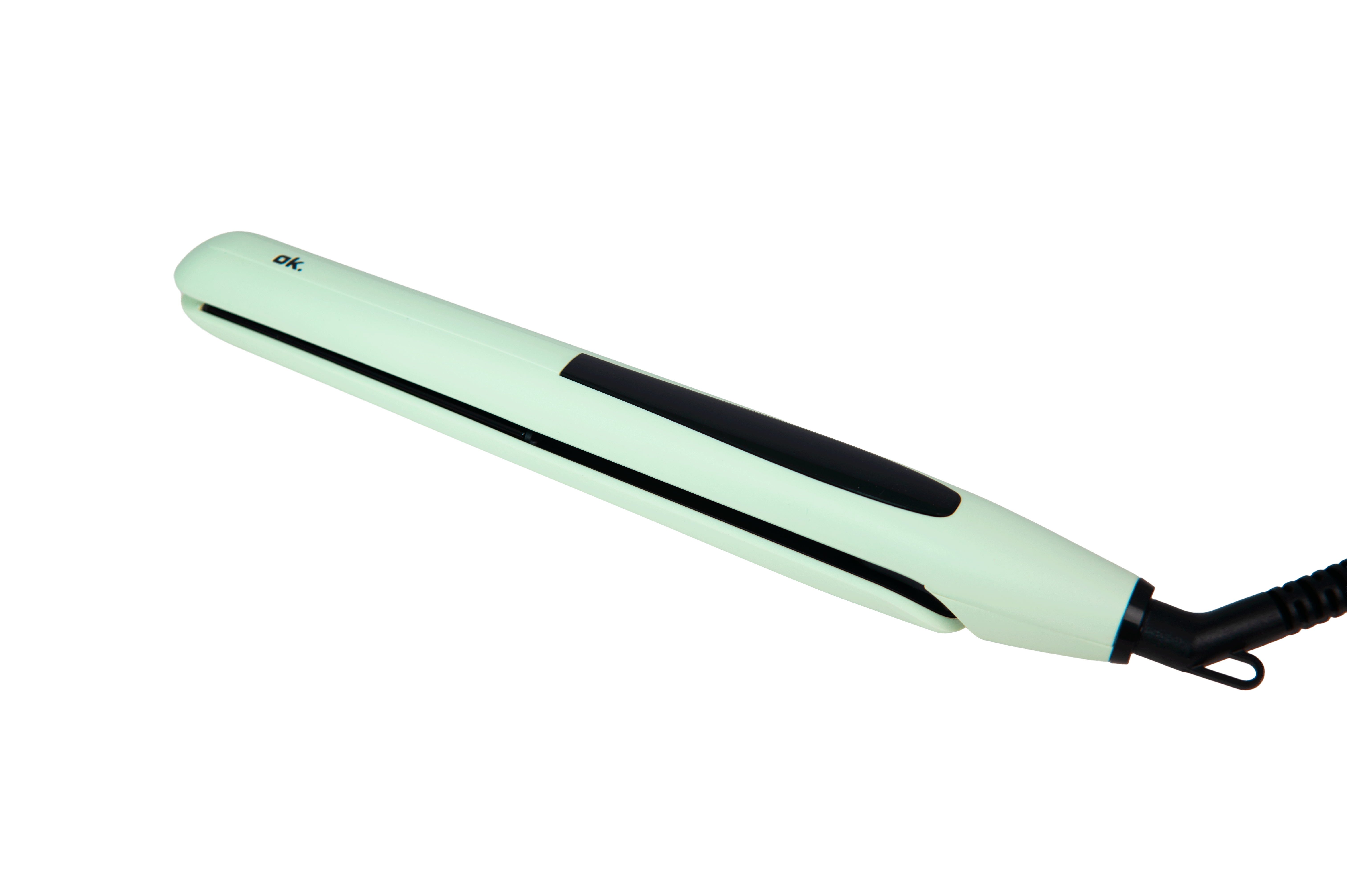Una plancha de pelo verde menta con detalle de mango negro sobre fondo negro.