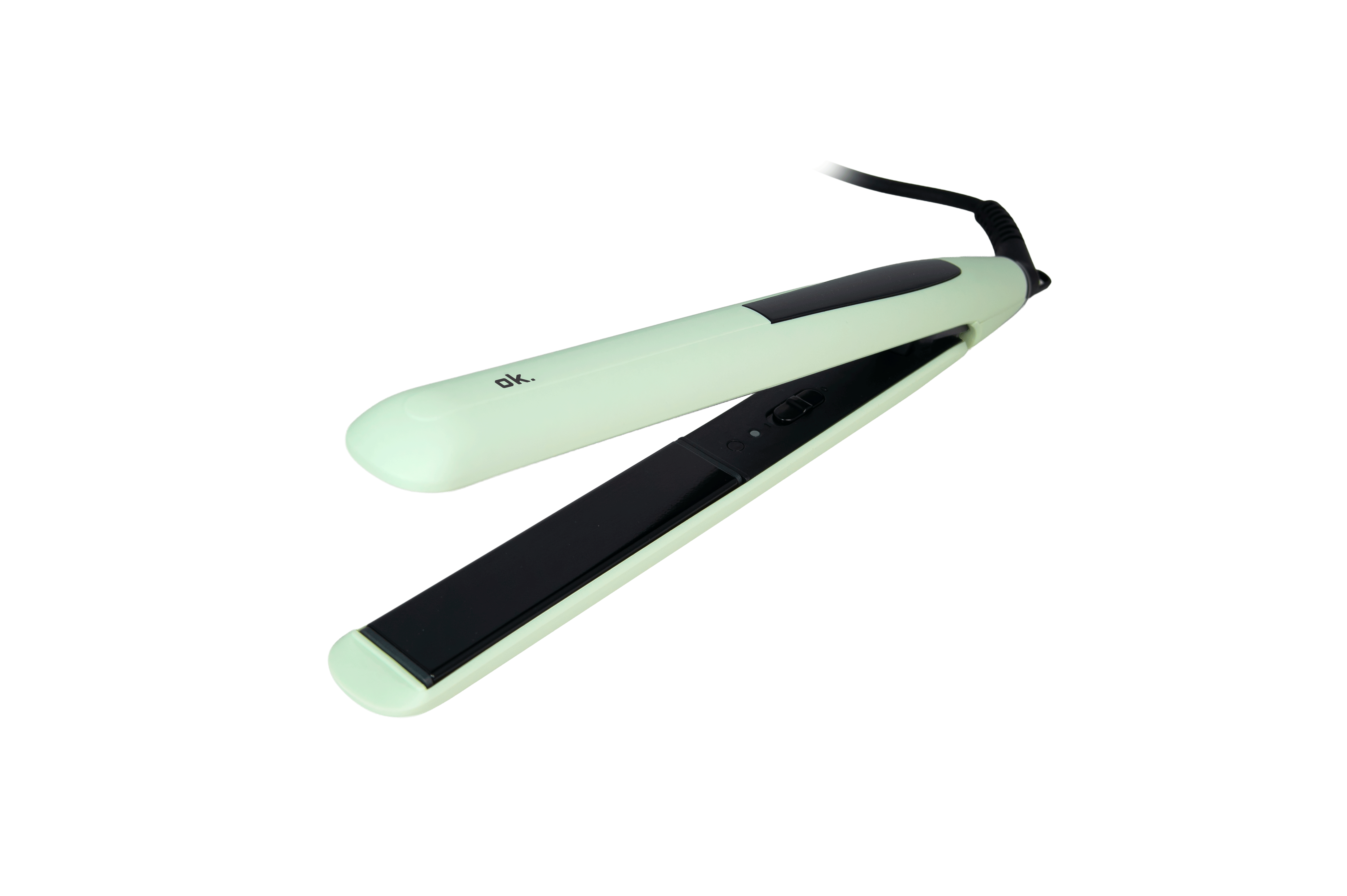 Una plancha de pelo verde menta y negra con cable sobre fondo negro.
