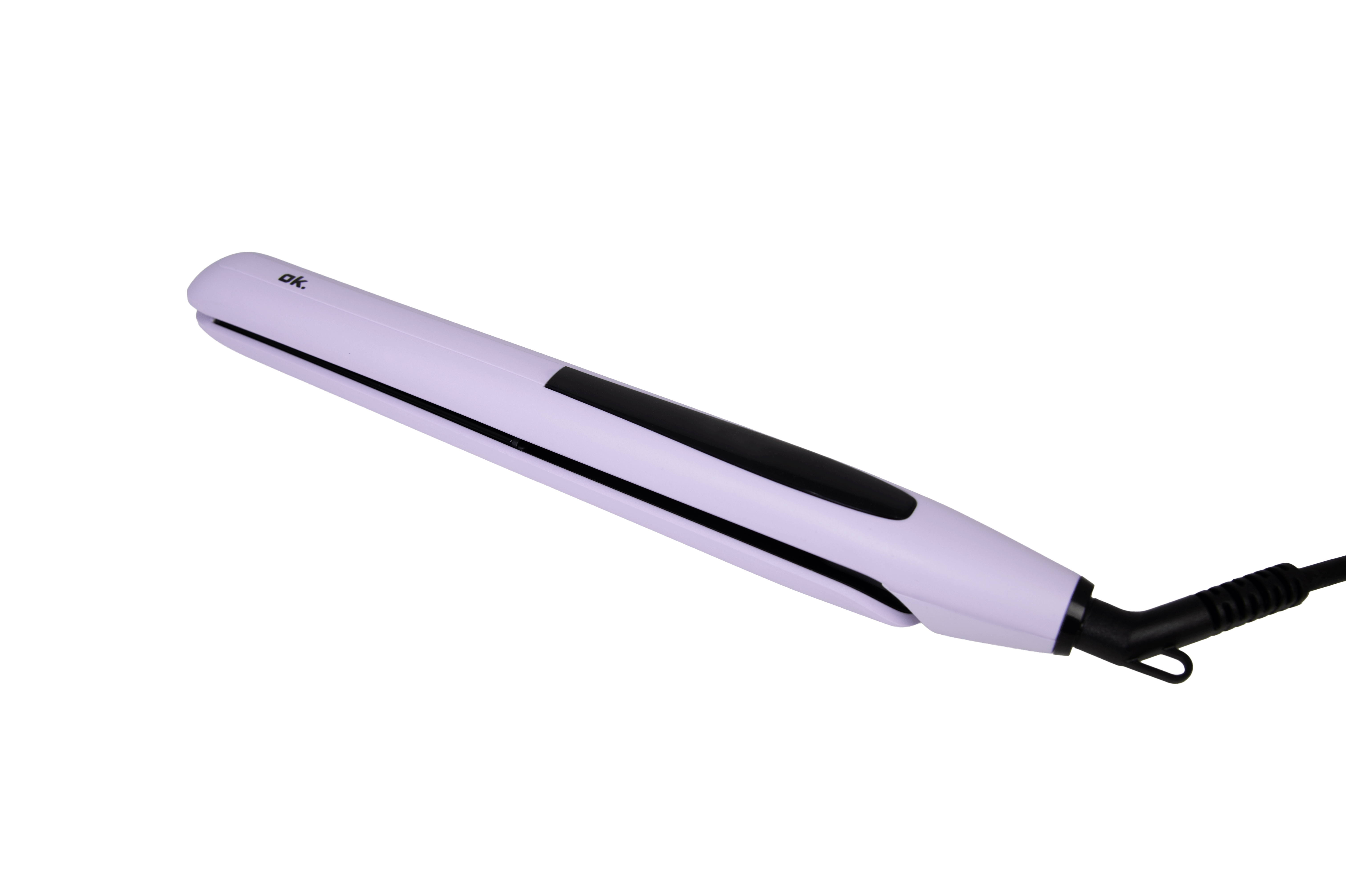 Una plancha de pelo blanca con cable y pantalla negros sobre fondo negro.