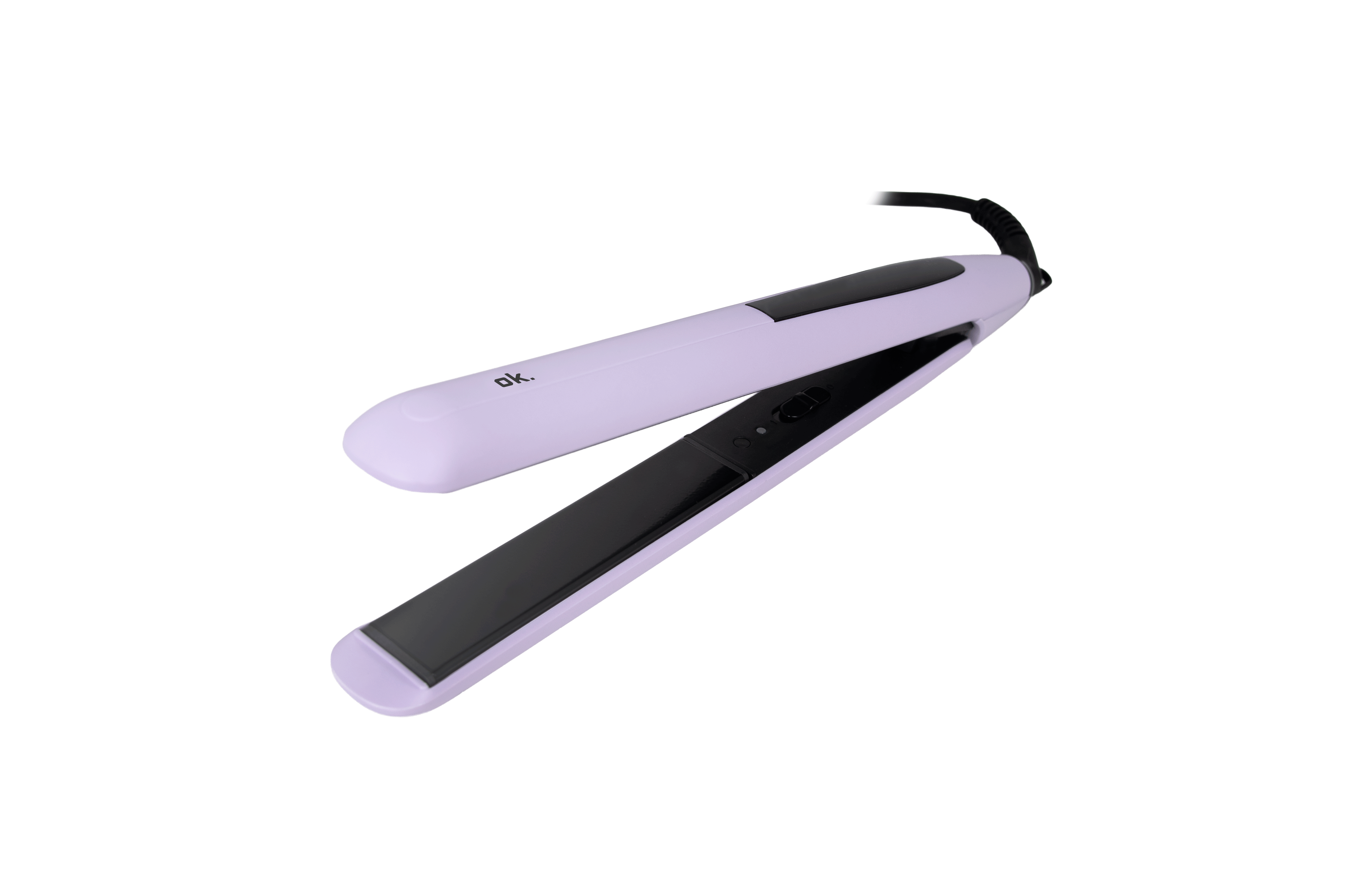 Una plancha de pelo morada con placas calefactoras negras sobre fondo negro.