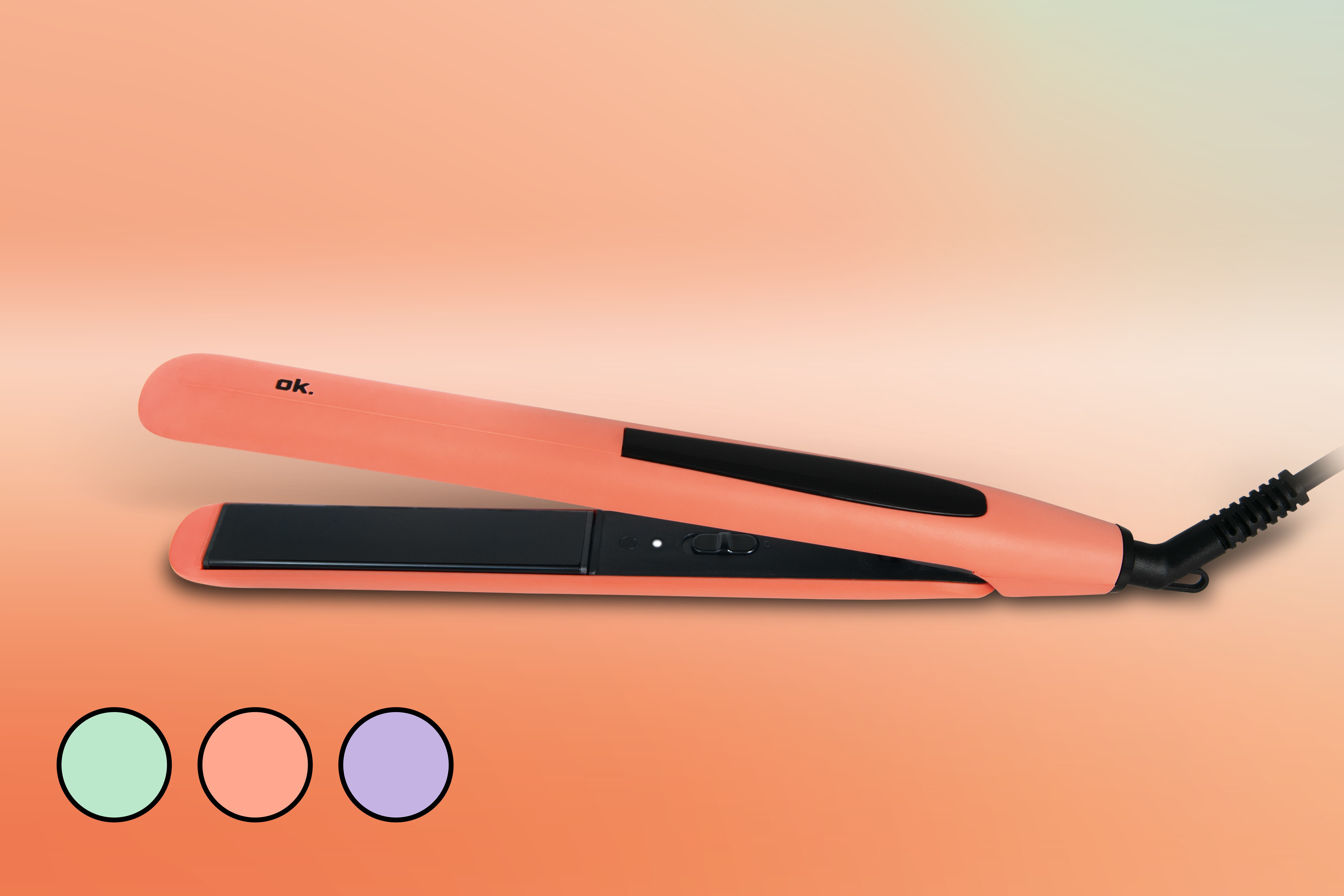 Una plancha de pelo de color melocotón con placas negras sobre un fondo degradado con tres círculos de colores.