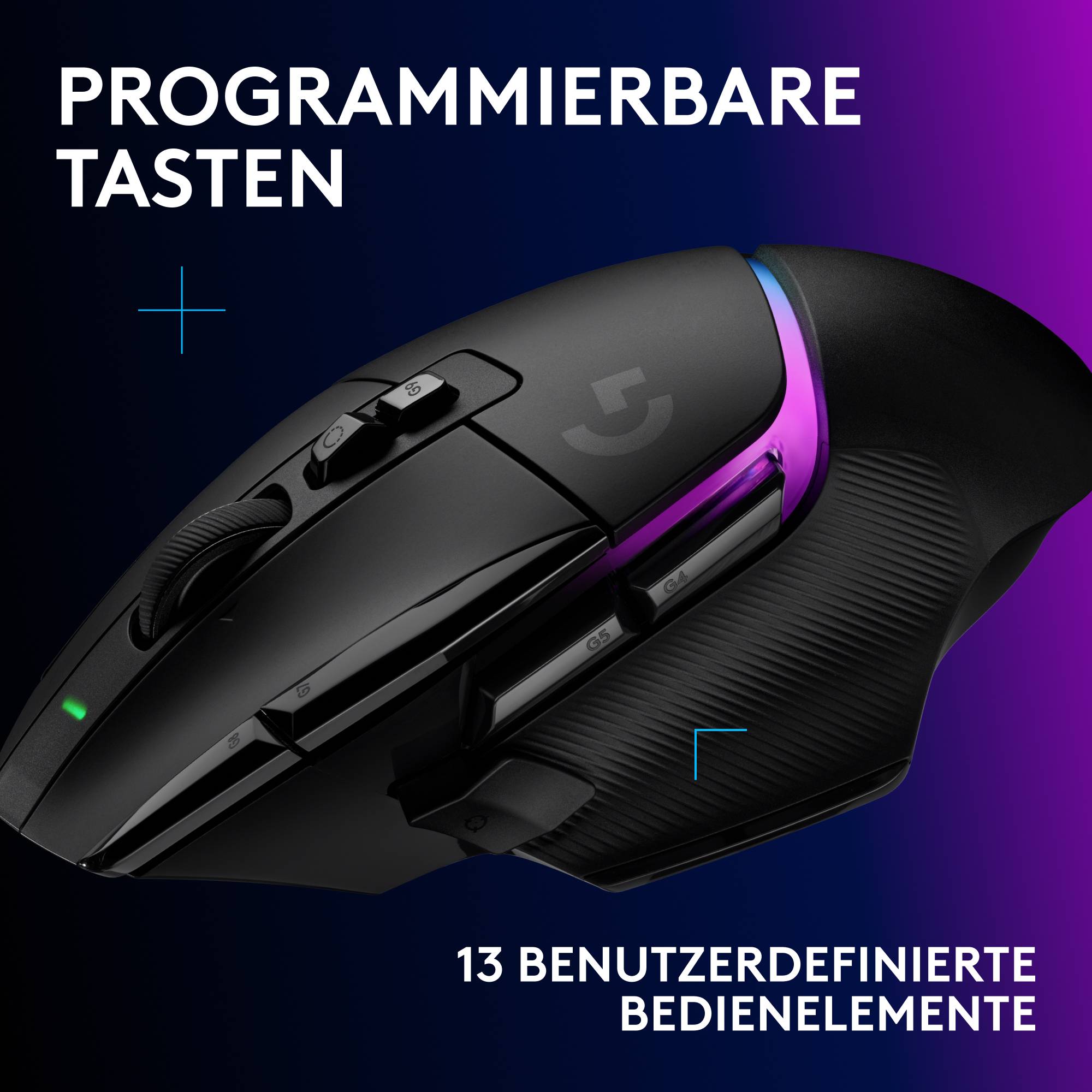 Eine schwarze Gaming-Maus mit RGB-Beleuchtung, programmierbaren Tasten und deutschem Text vor blau-violettem Hintergrund.