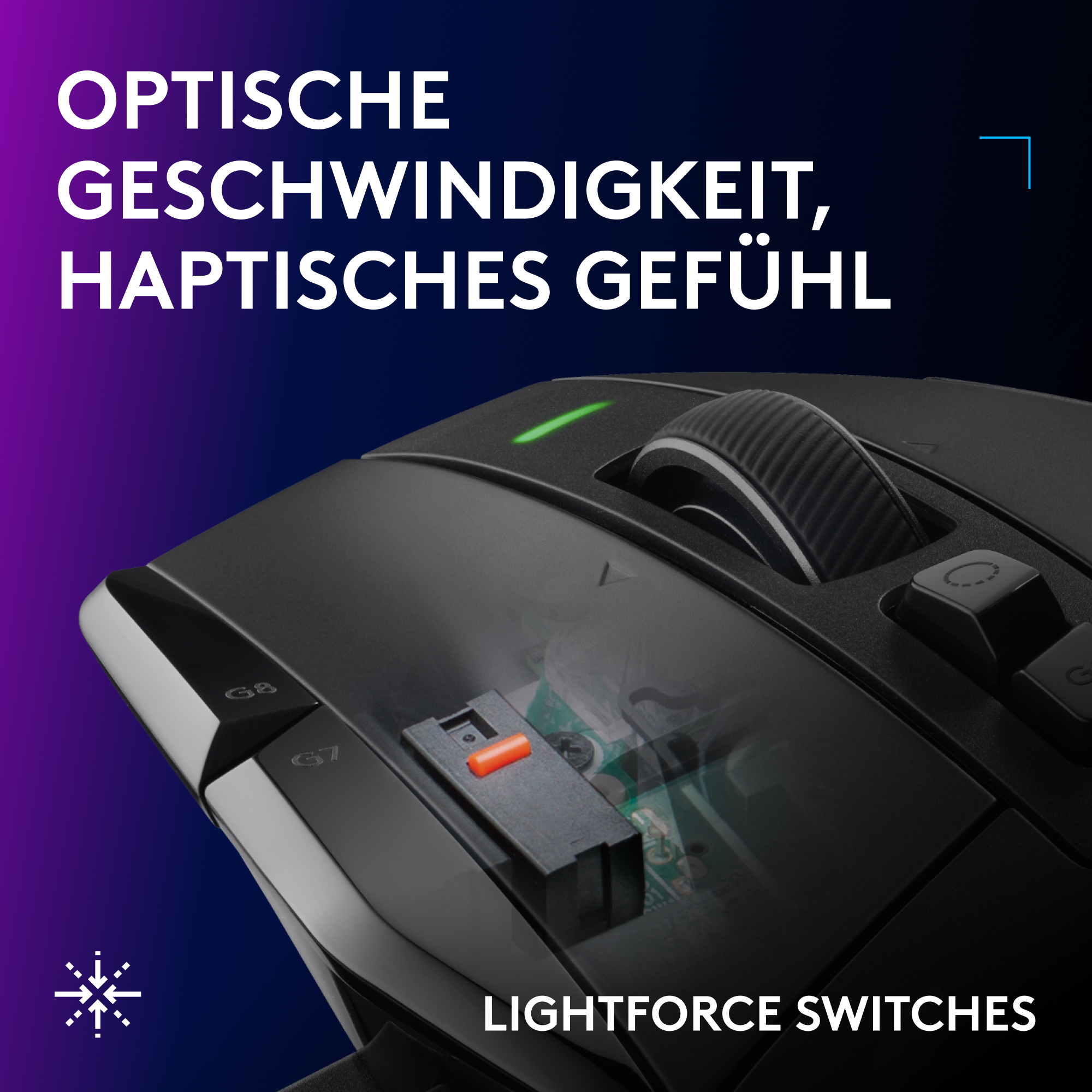 Nahaufnahme einer schwarzen Gaming-Maus mit Lightforce-Switches und deutschem Text oben.