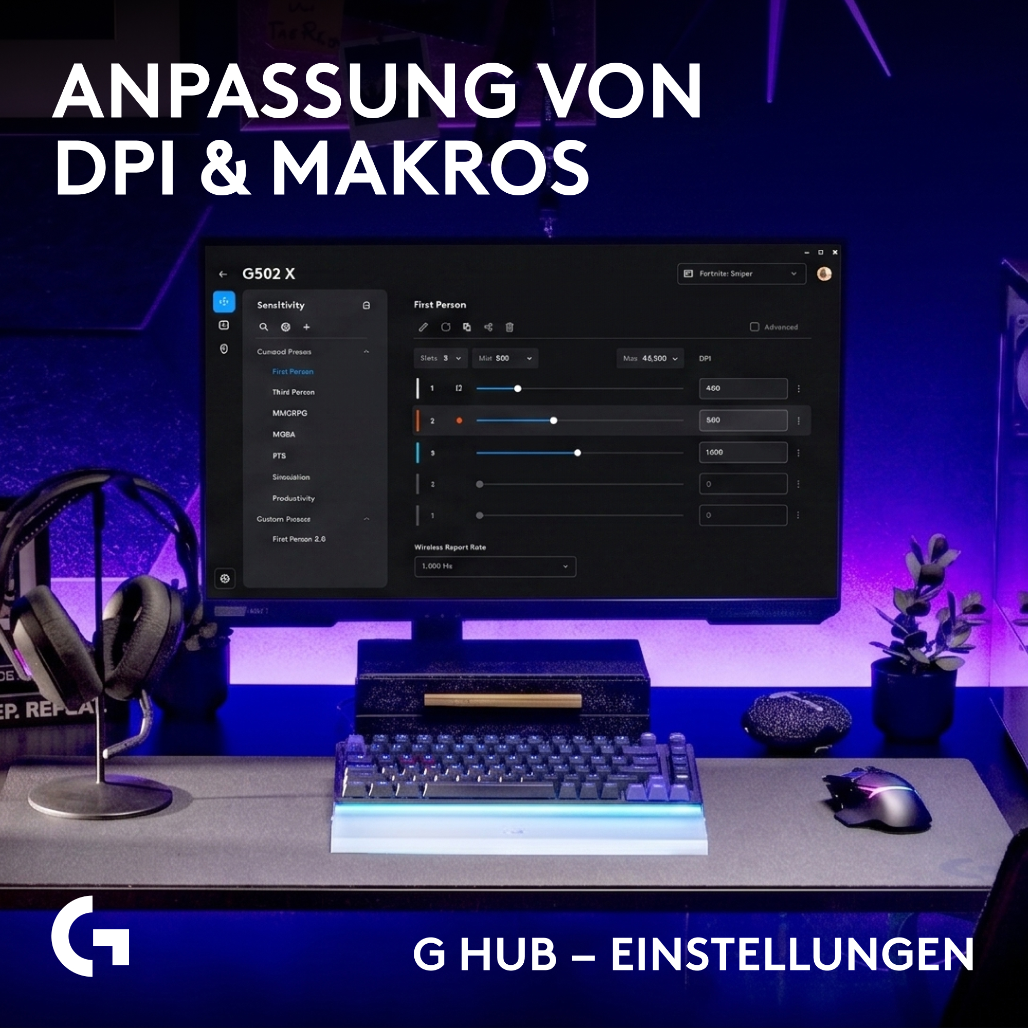 Gaming-Schreibtisch mit Monitor, der G HUB Software, Tastatur, Maus und Kopfhörern bei blauer Beleuchtung.