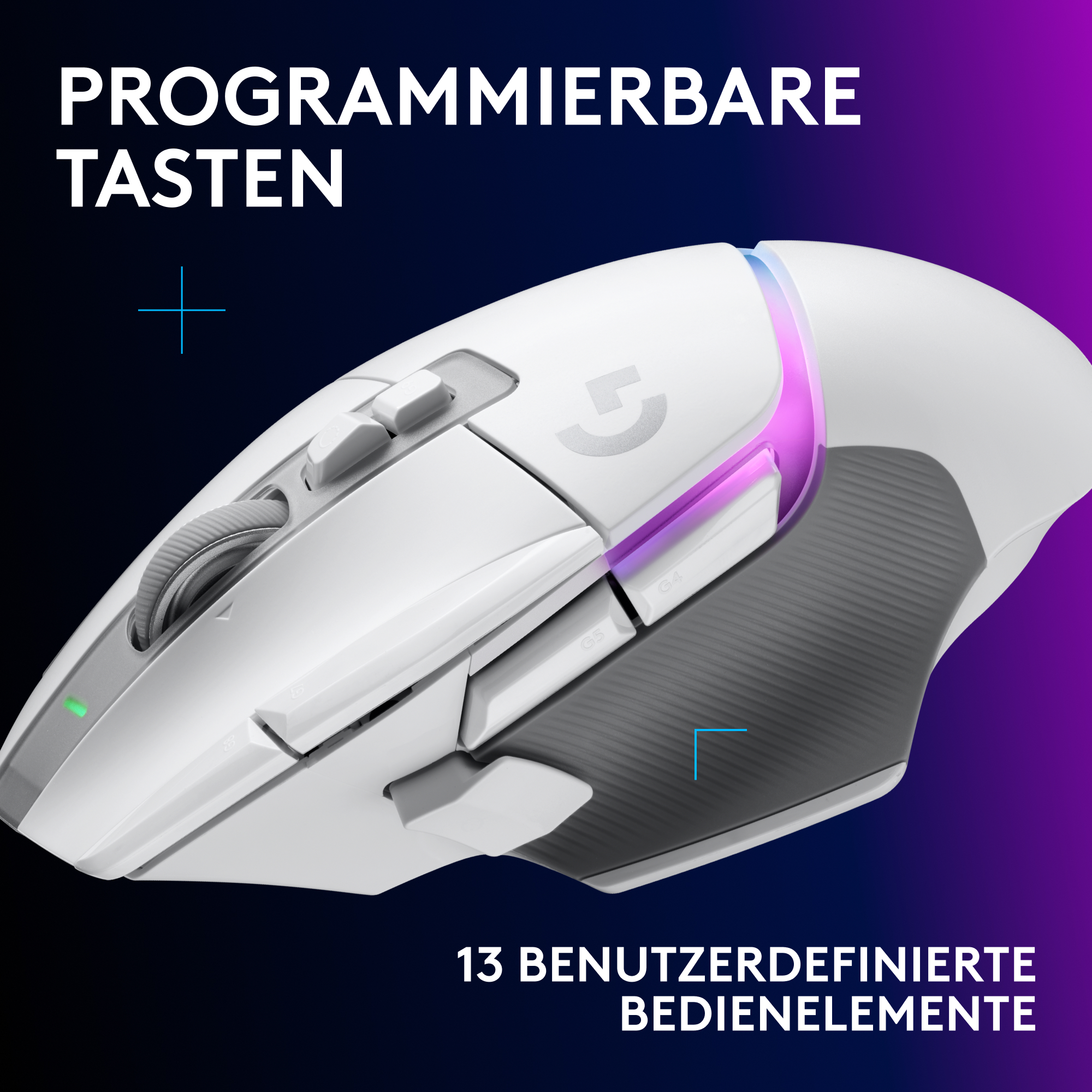 Weisse kabellose Gaming-Maus mit RGB-Beleuchtung, programmierbaren Tasten und dunkelstufenem Hintergrund.