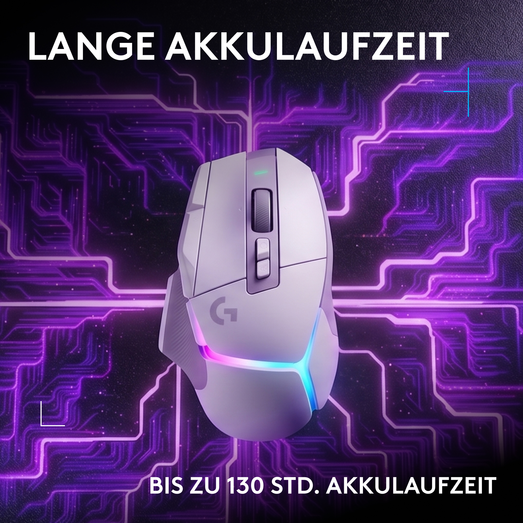 Eine weiße Gaming-Maus vor einem leuchtend violetten Hintergrund mit Leiterbahnmustern.