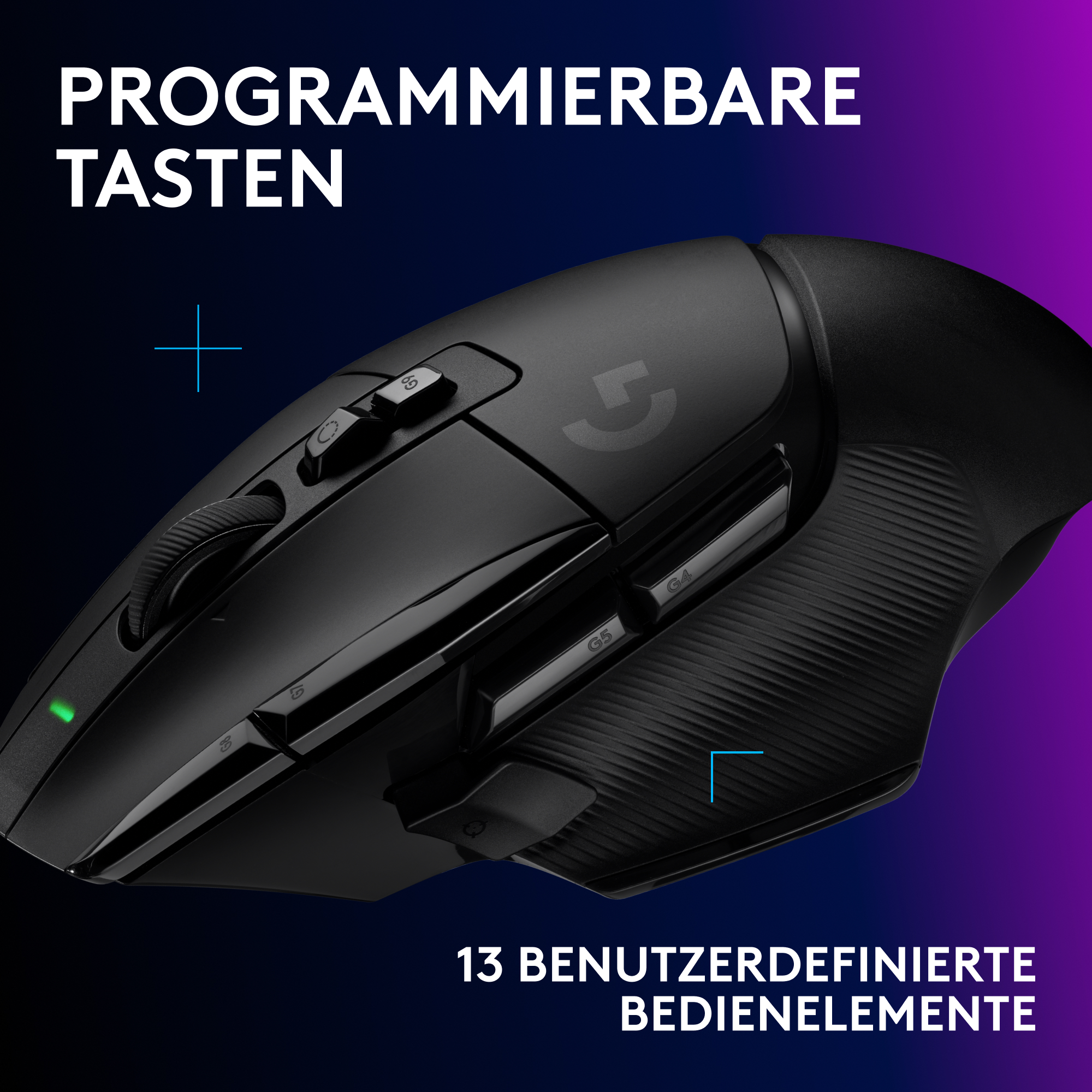 Eine schwarze Gaming-Maus mit programmierbaren Tasten vor einem dunkelvioletten und blauen Hintergrund.