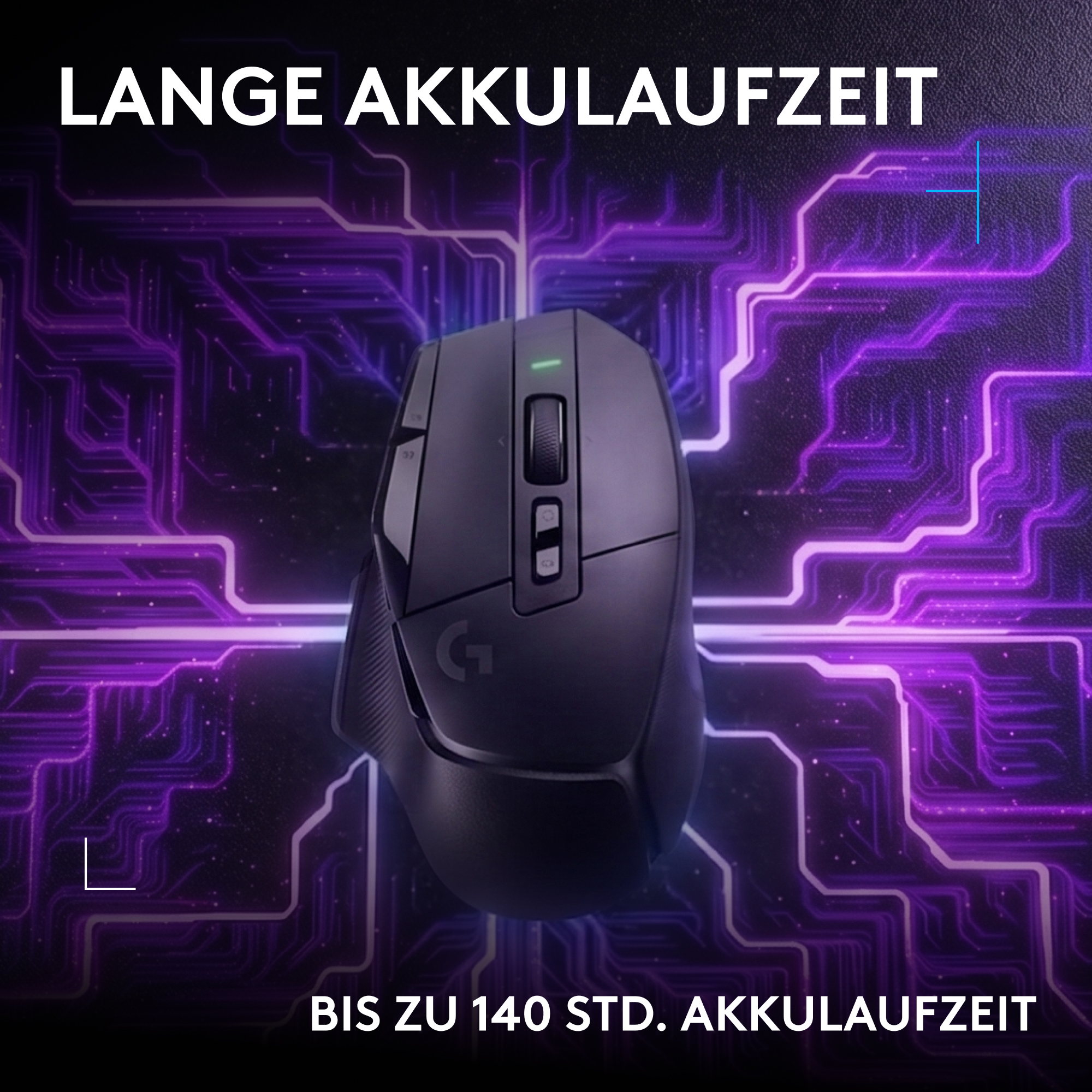 Schwarze kabellose Gaming-Maus vor einem Hintergrund mit lila leuchtenden elektronischen Leiterbahnen.