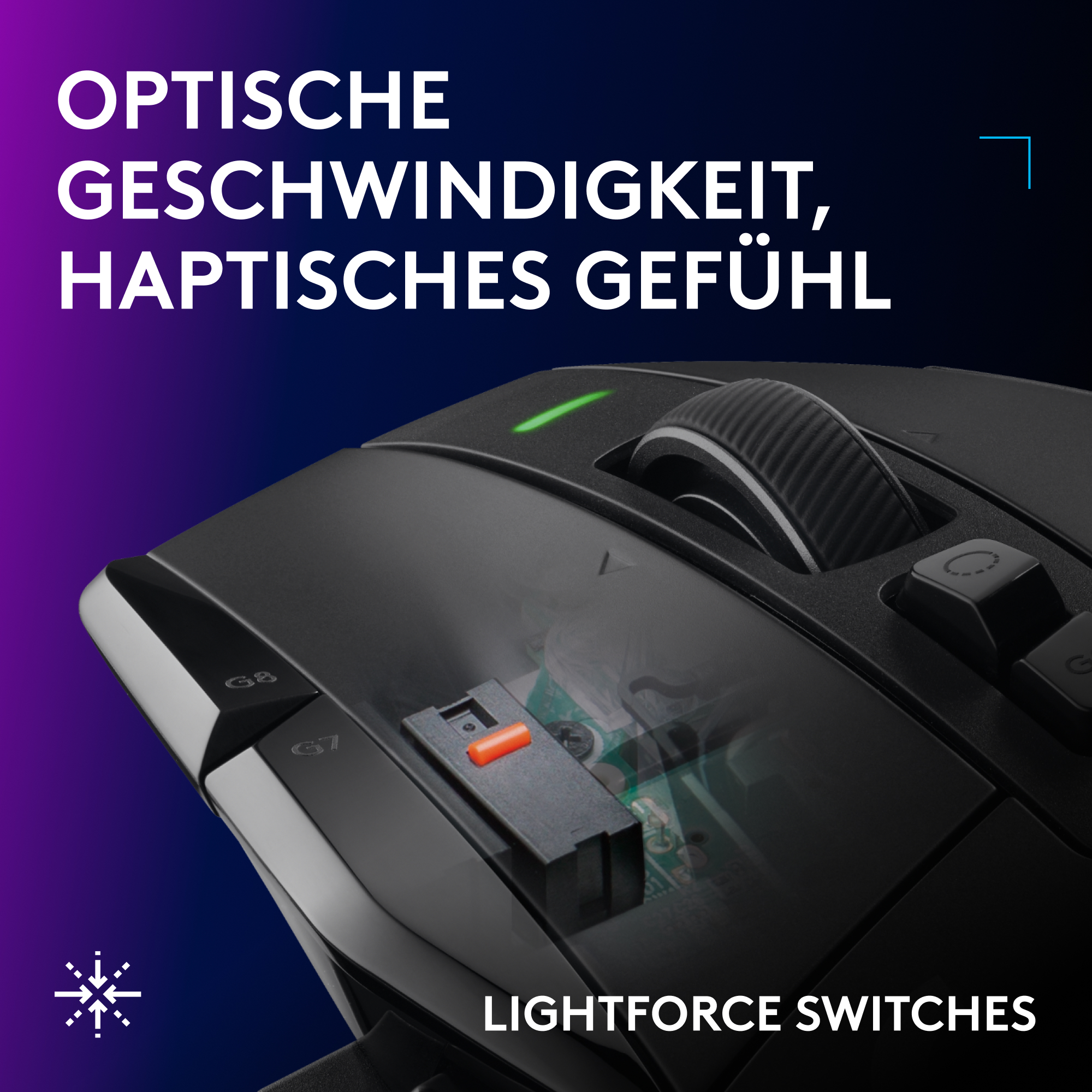 Nahaufnahme einer schwarzen Computermaus mit sichtbaren Lightforce-Schaltern und deutscher Textüberlagerung.