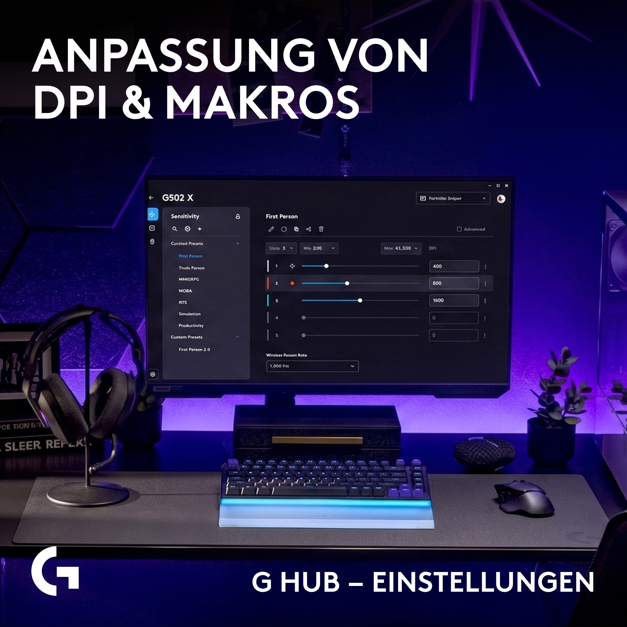Ein Gaming-Setup in Blau mit Monitor, Tastatur und Maus sowie Software für DPI-Einstellungen.