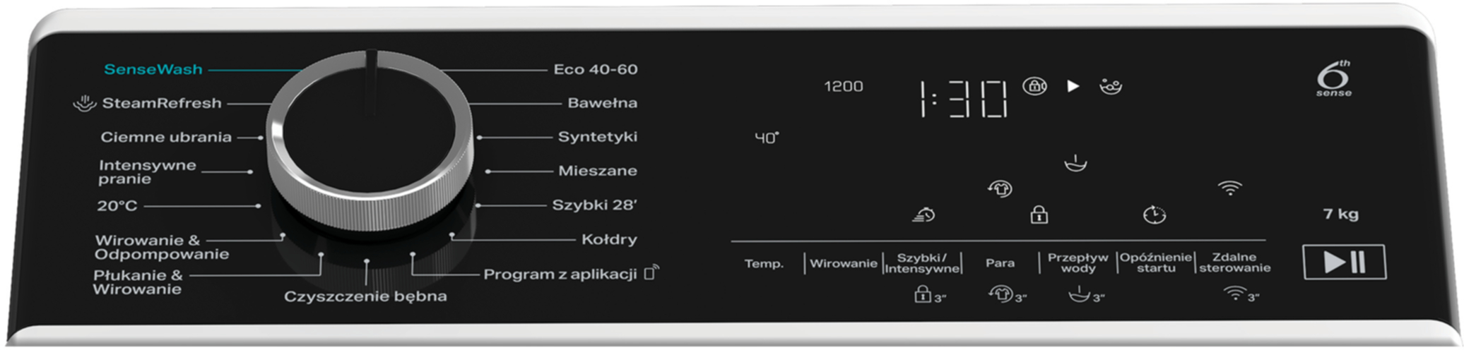 Czarny panel sterowania pralki z pokrętłem i cyfrowym wyświetlaczem czasu.