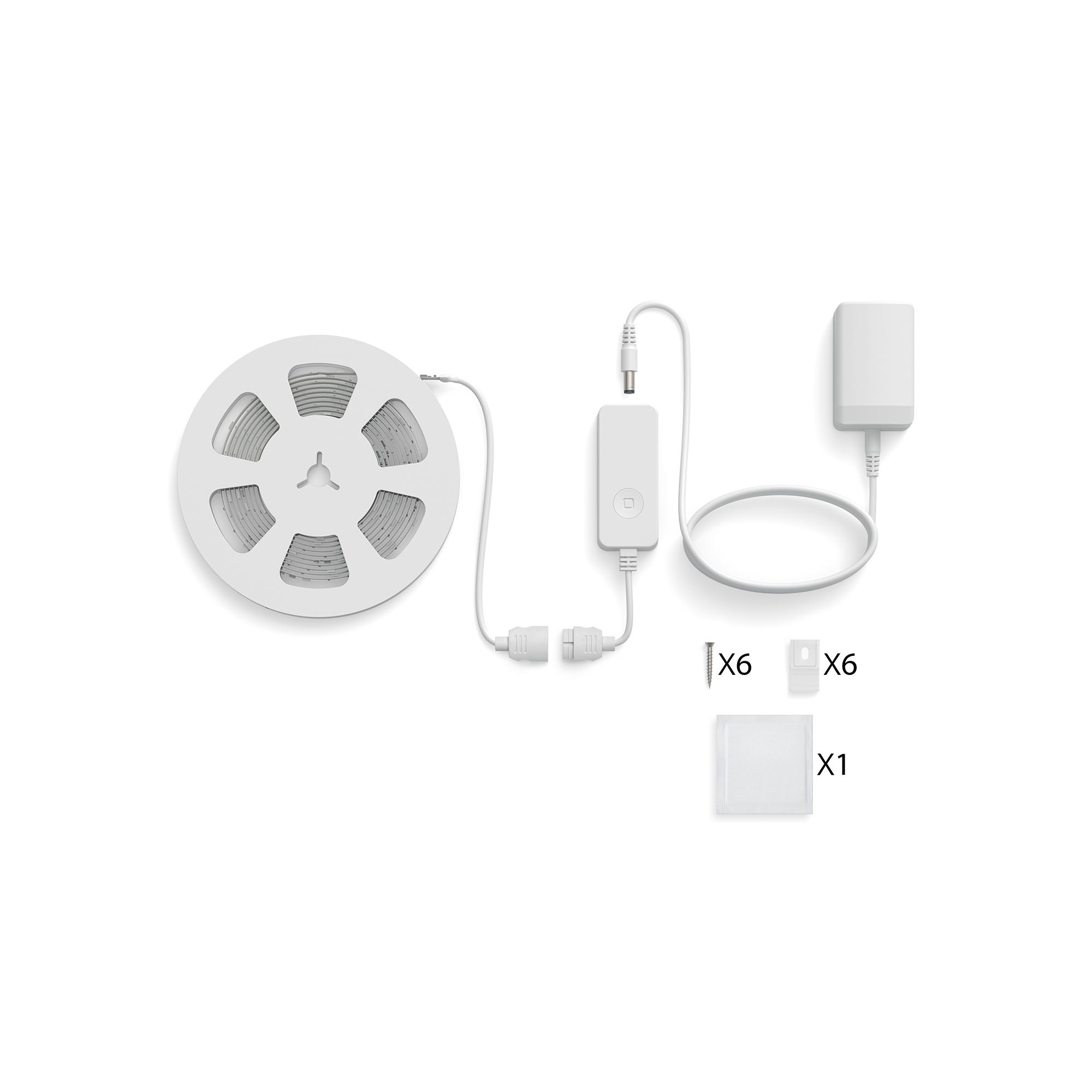LED-Streifen auf Rolle mit Controller, Netzteil, sechs Schrauben, sechs Clips und einem Tuch.