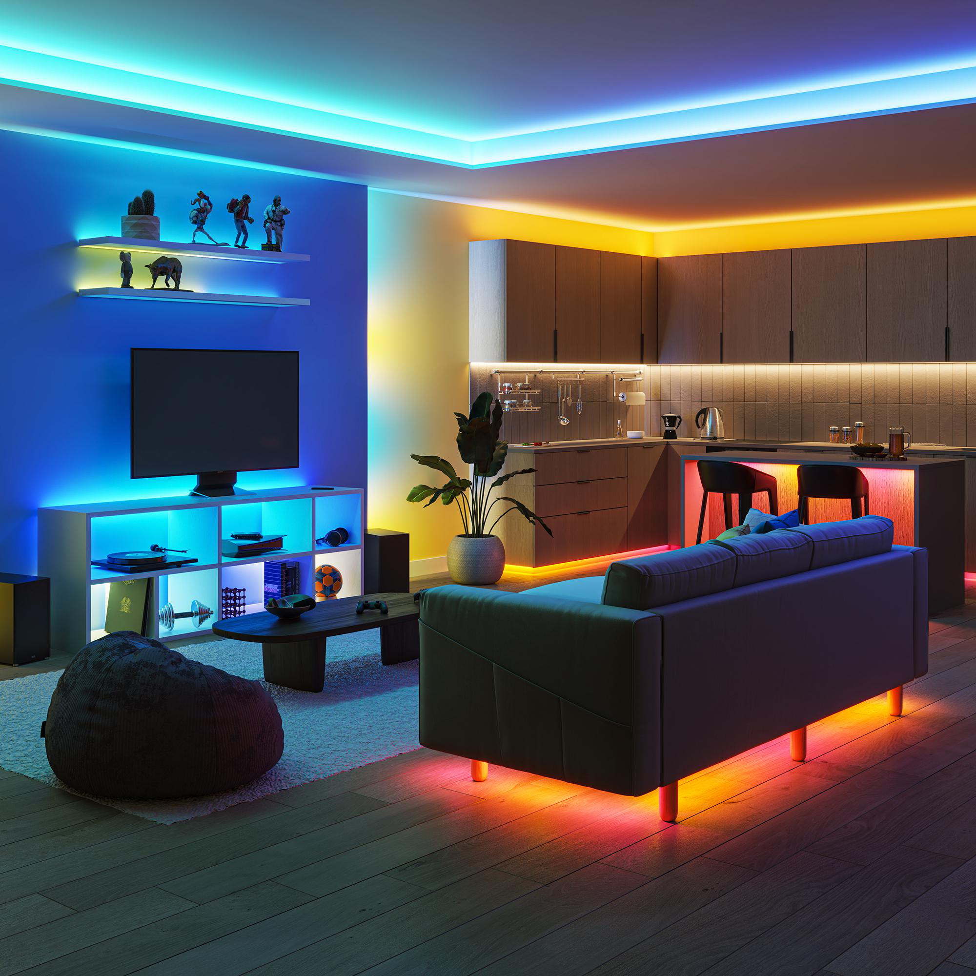 Wohnzimmer und Küche mit blauer und warmer LED-Beleuchtung, Sofa, TV-Schrank und Holzschränken.