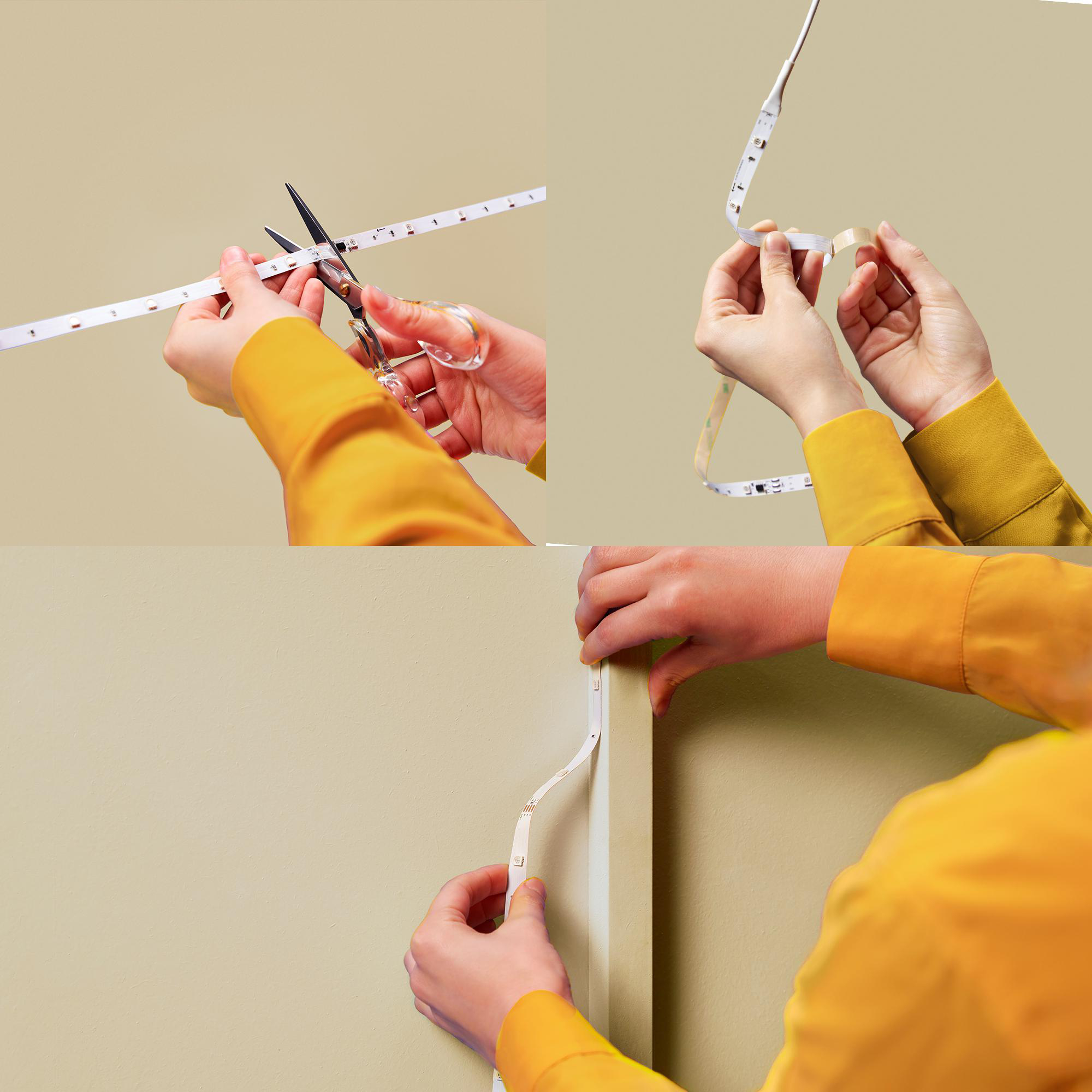 Jemand schneidet, zieht Schutzfolie ab und klebt einen LED-Streifen an die Wand.