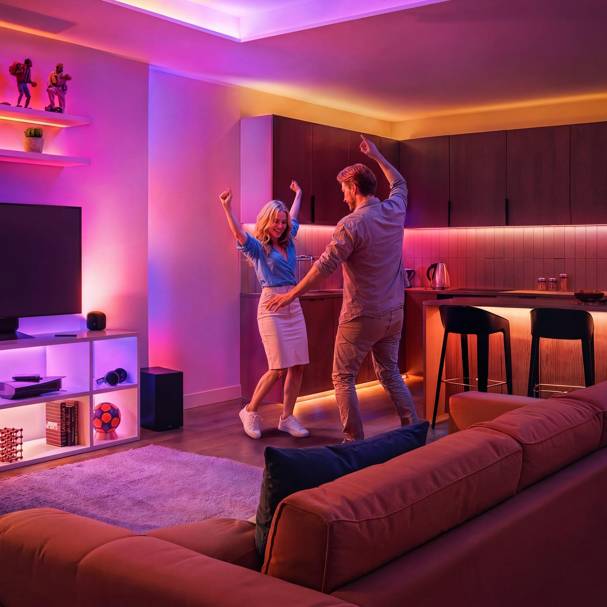 Ein Paar tanzt in einem modern eingerichteten Wohnzimmer mit stimmungsvoller, pinker und oranger LED-Beleuchtung.