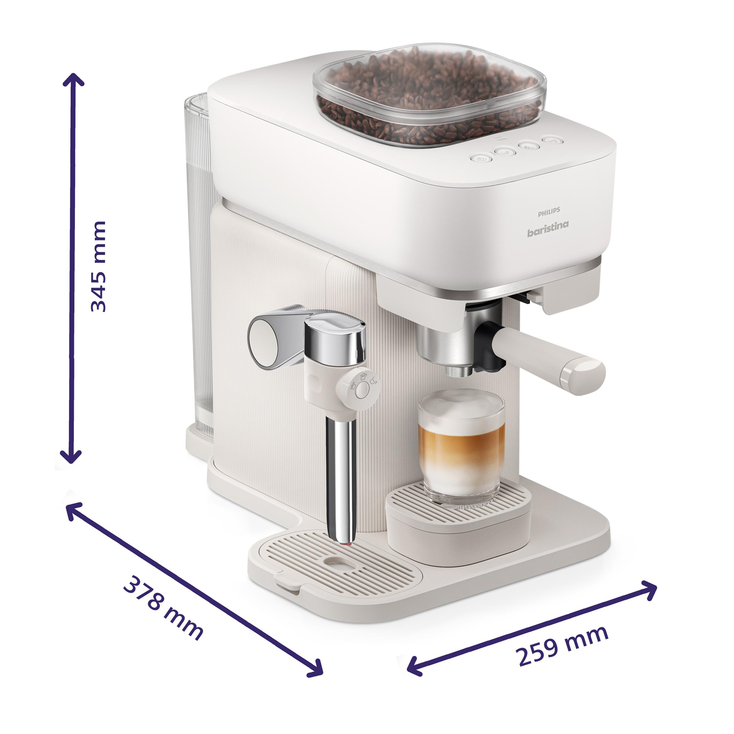 Eine weiße Philips Baristina Kaffeemaschine mit Maßen: Höhe 345 mm, Tiefe 378 mm, Breite 259 mm.