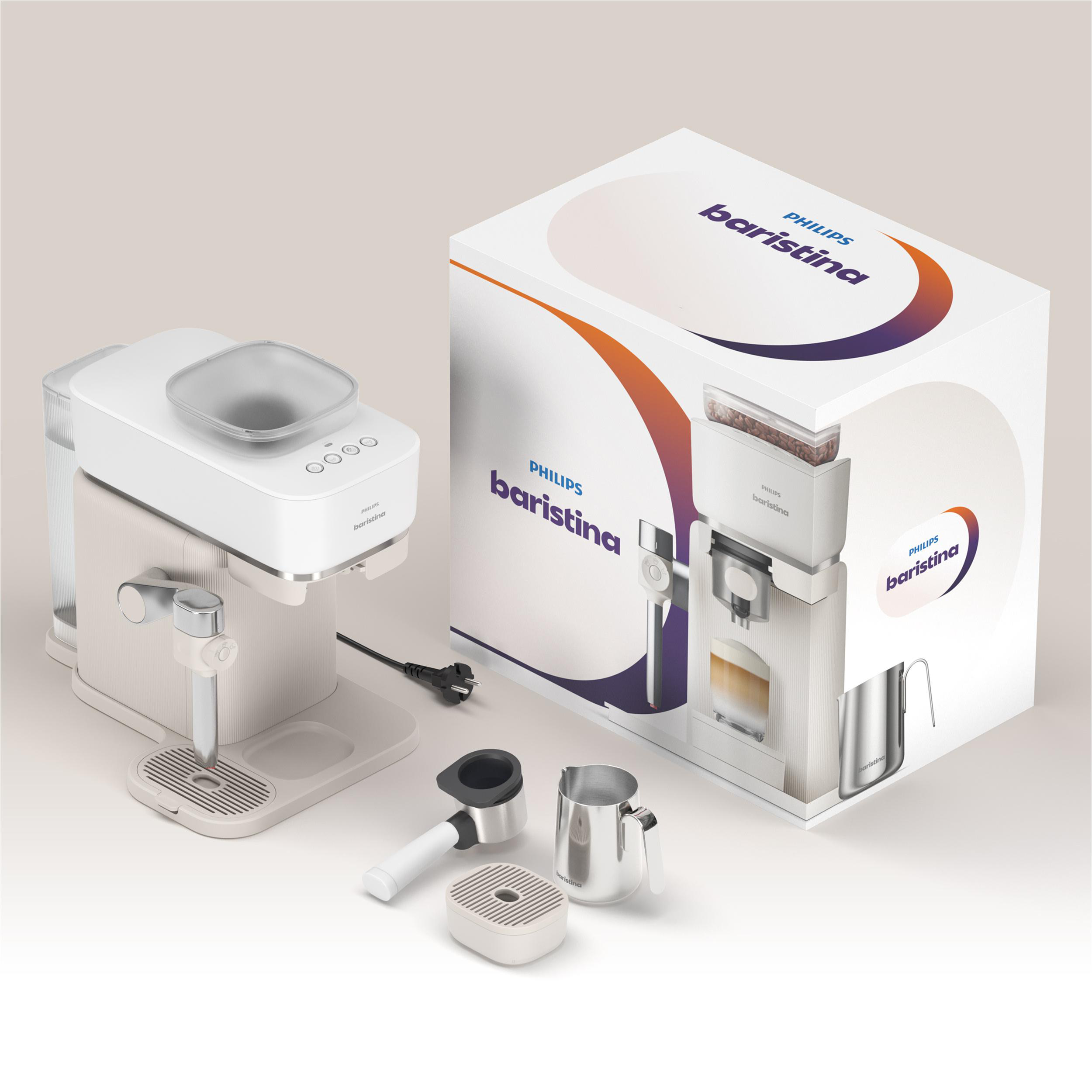 Philips Baristina Kaffeemaschine mit Zubehör und großer Produktverpackung auf hellem Hintergrund.