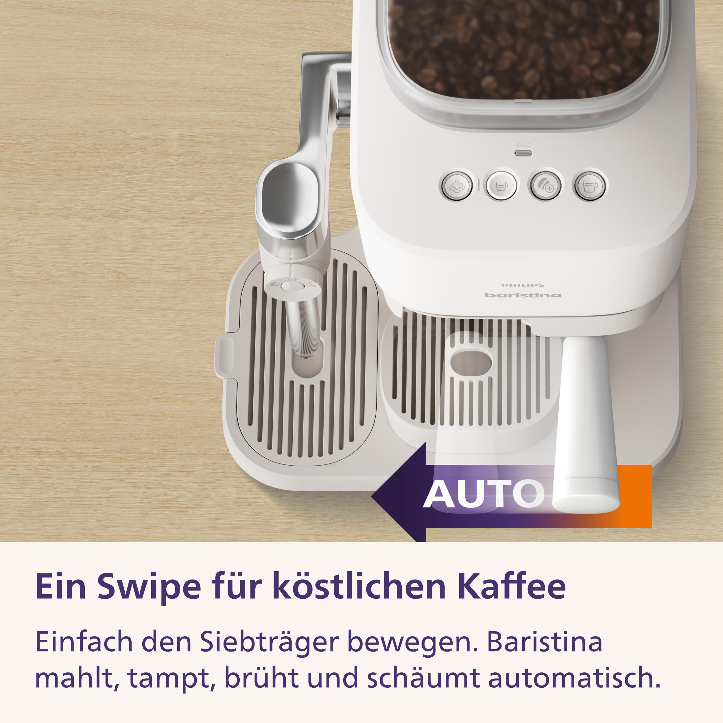 Top-down-Ansicht einer weißen Philips Baristina Espressomaschine auf holzfarbenem Hintergrund mit Text.