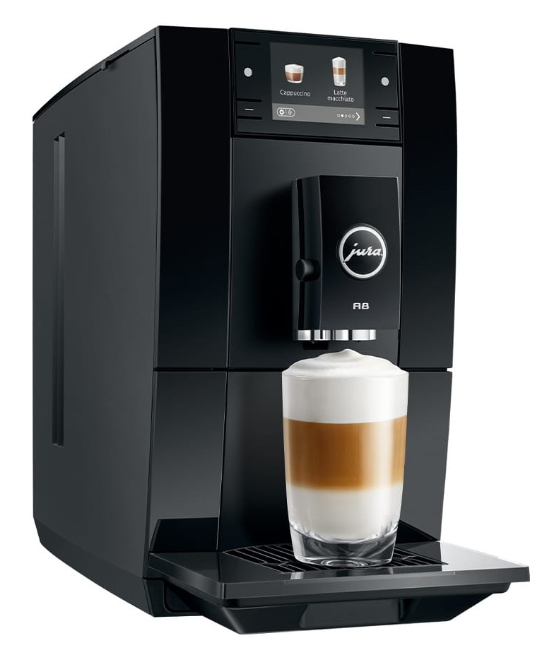 Czarny ekspres do kawy Jura A8 z cyfrowym wyświetlaczem i szklanką latte macchiato na tacce.