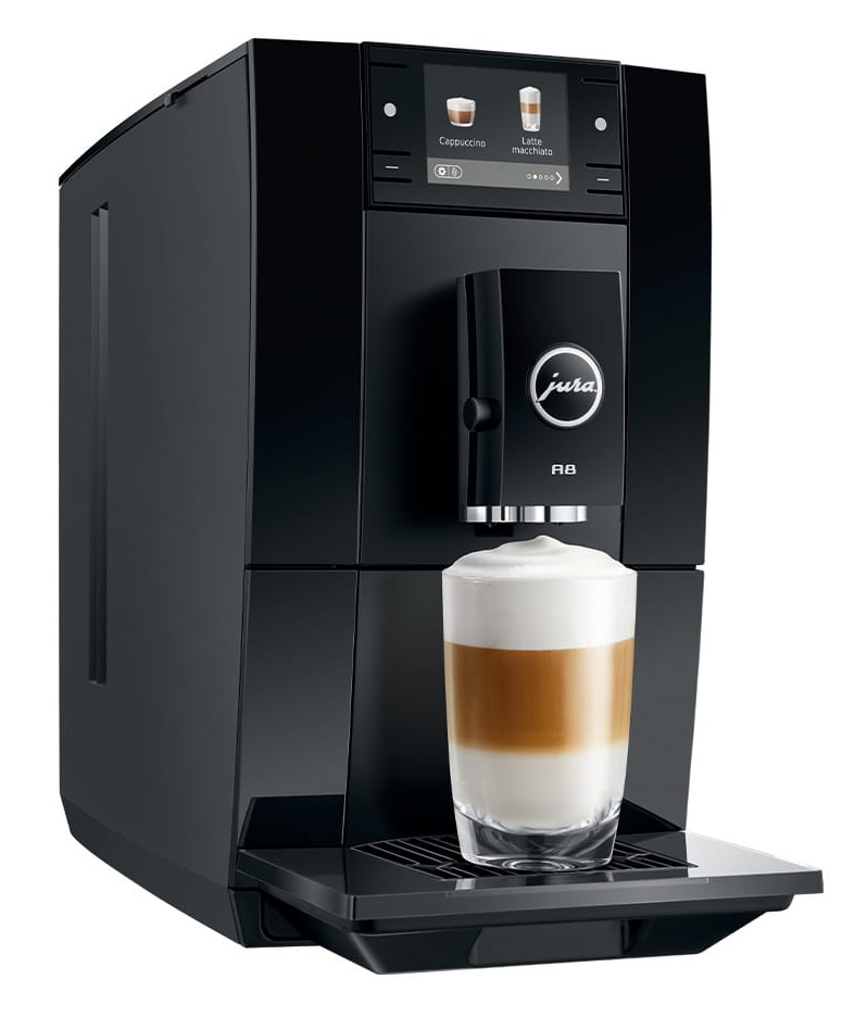 Czarny ekspres do kawy Jura A8 z cyfrowym wyświetlaczem napełnia szklankę latte macchiato.