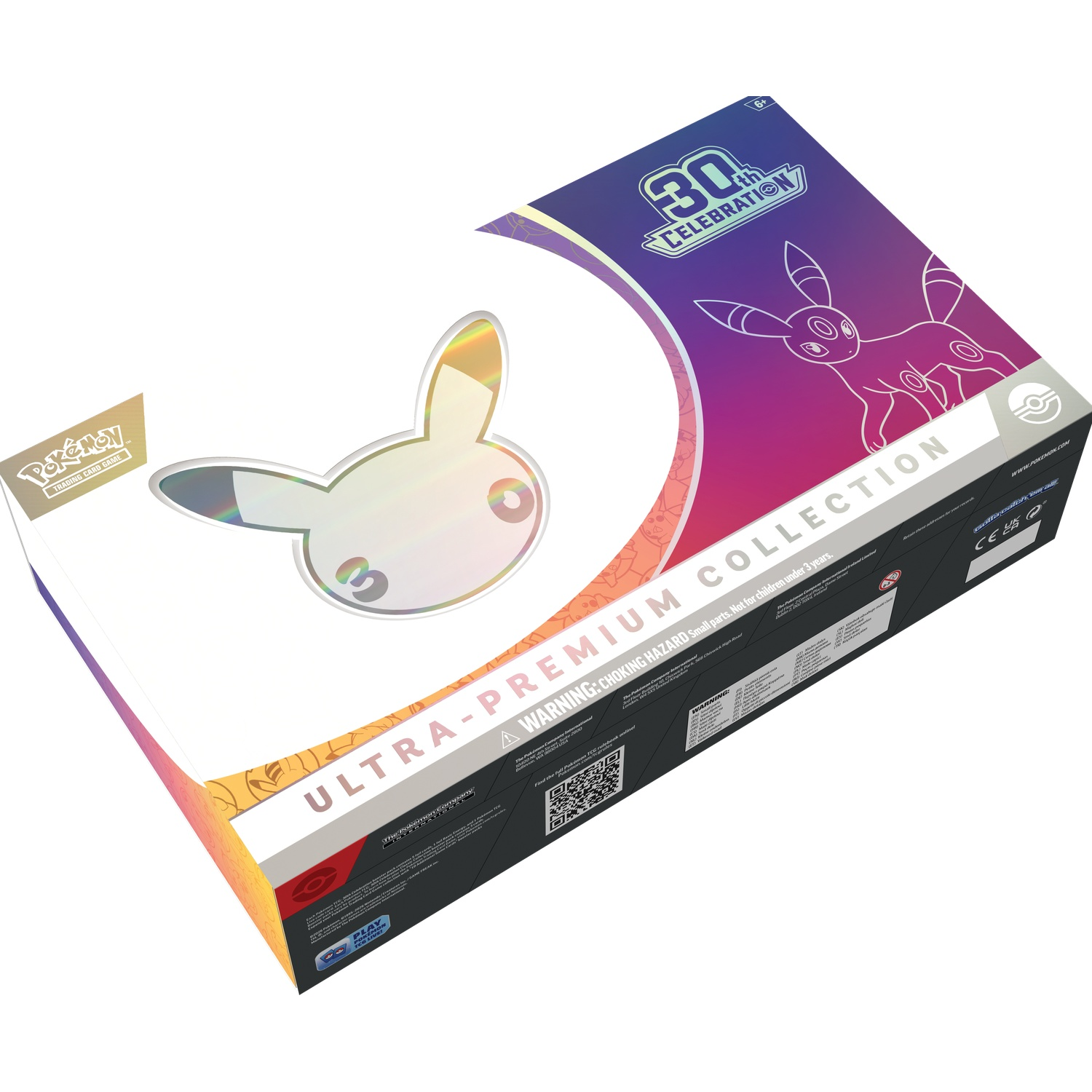 Boîte Pokémon 30th Celebration Ultra-Premium Collection en blanc, violet et or sur fond blanc.