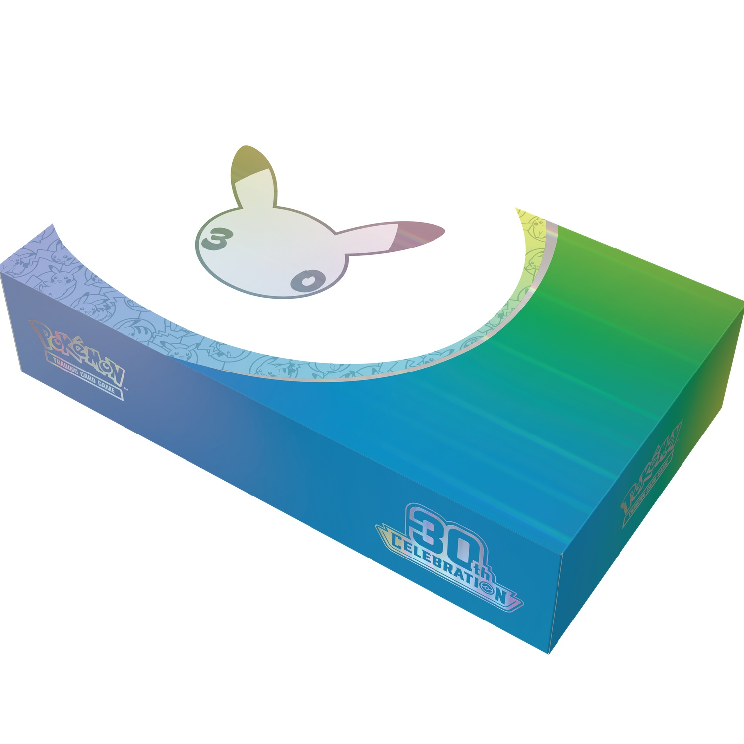 Une boîte de cartes Pokémon 30th Celebration colorée avec une silhouette holographique de Pikachu.