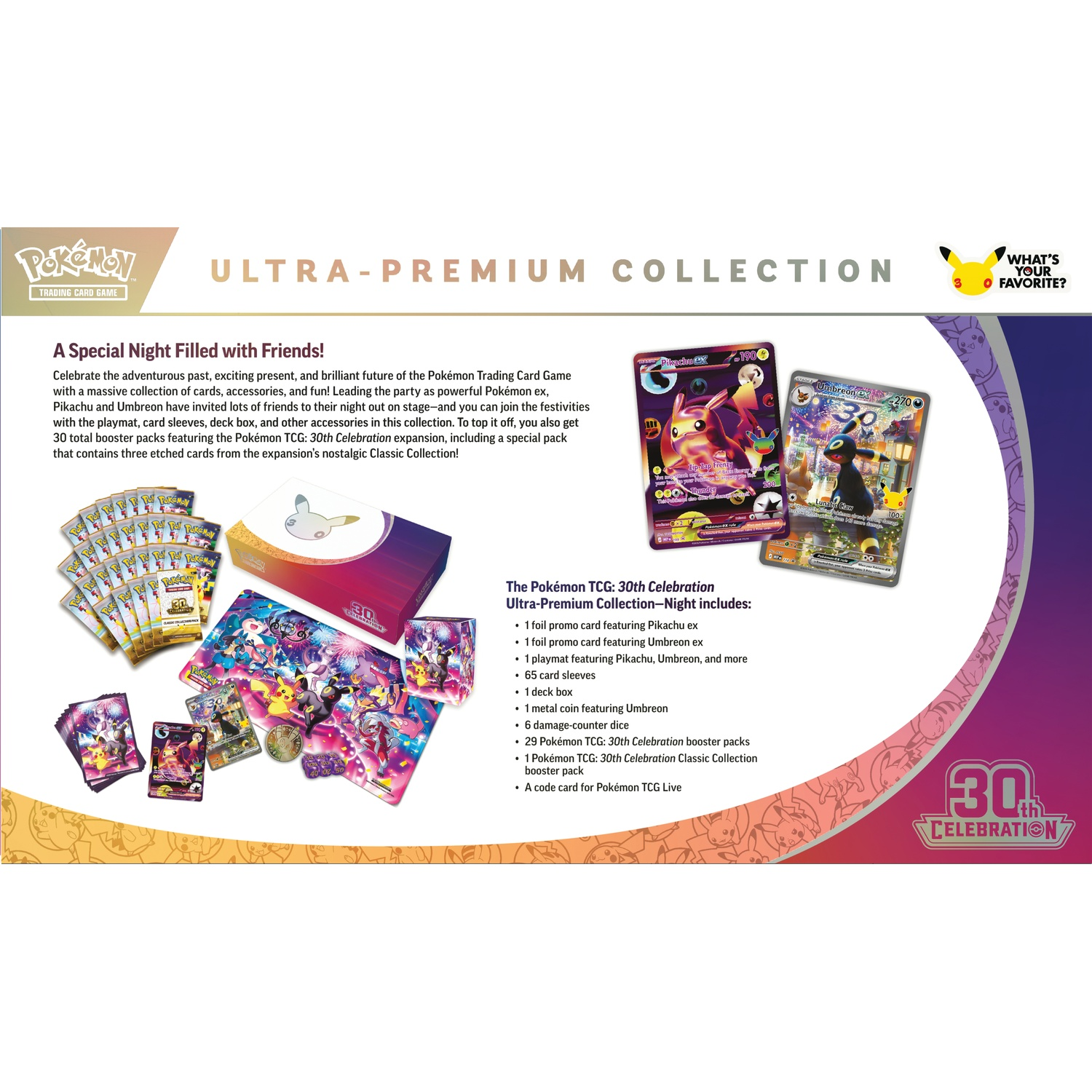 Collection Ultra-Premium 30e anniversaire du JCC Pokémon avec cartes et accessoires.
