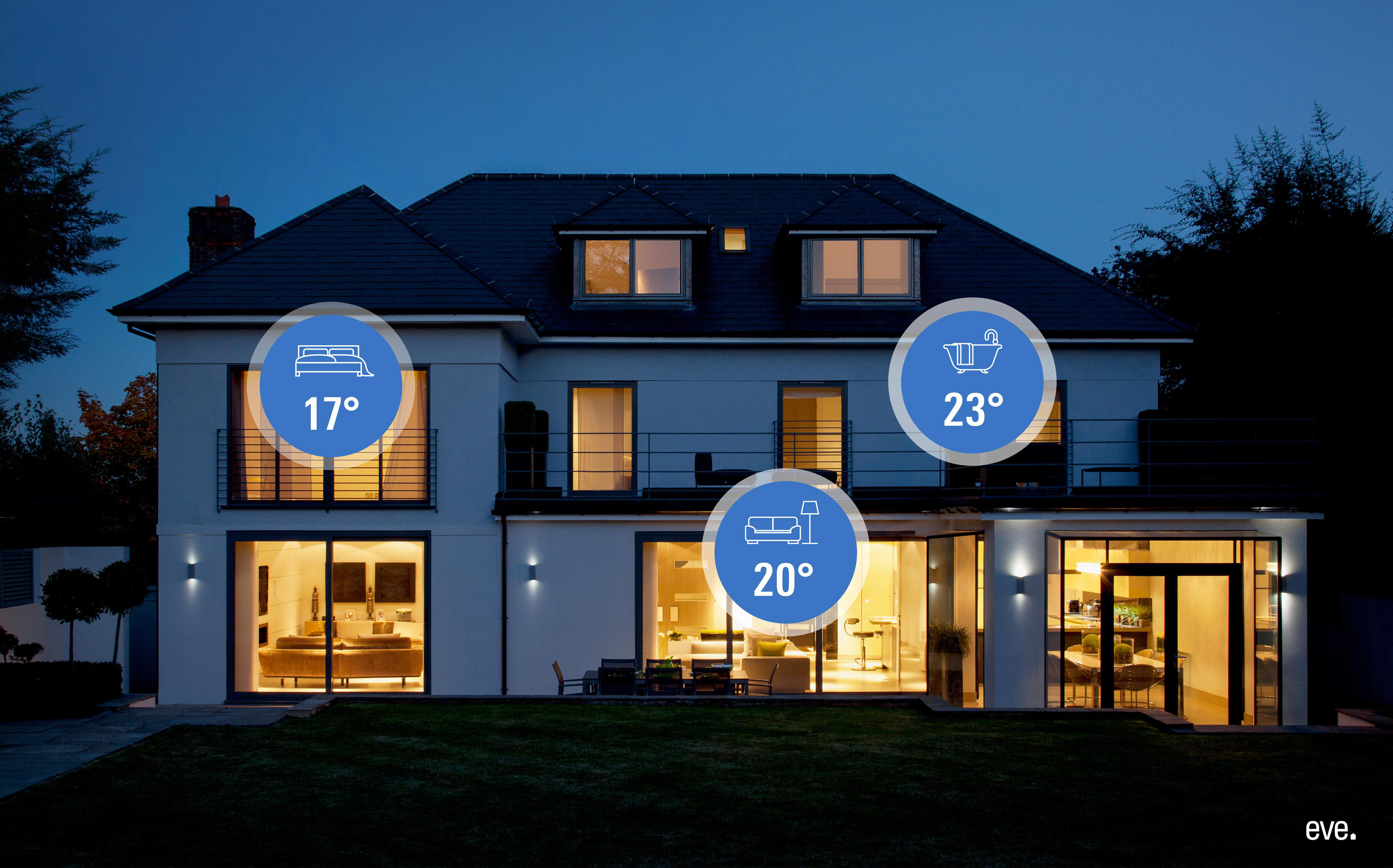 Ein modernes zweistöckiges Haus in der Dämmerung mit beleuchtetem Innenraum und drei blauen Temperaturkreisen.