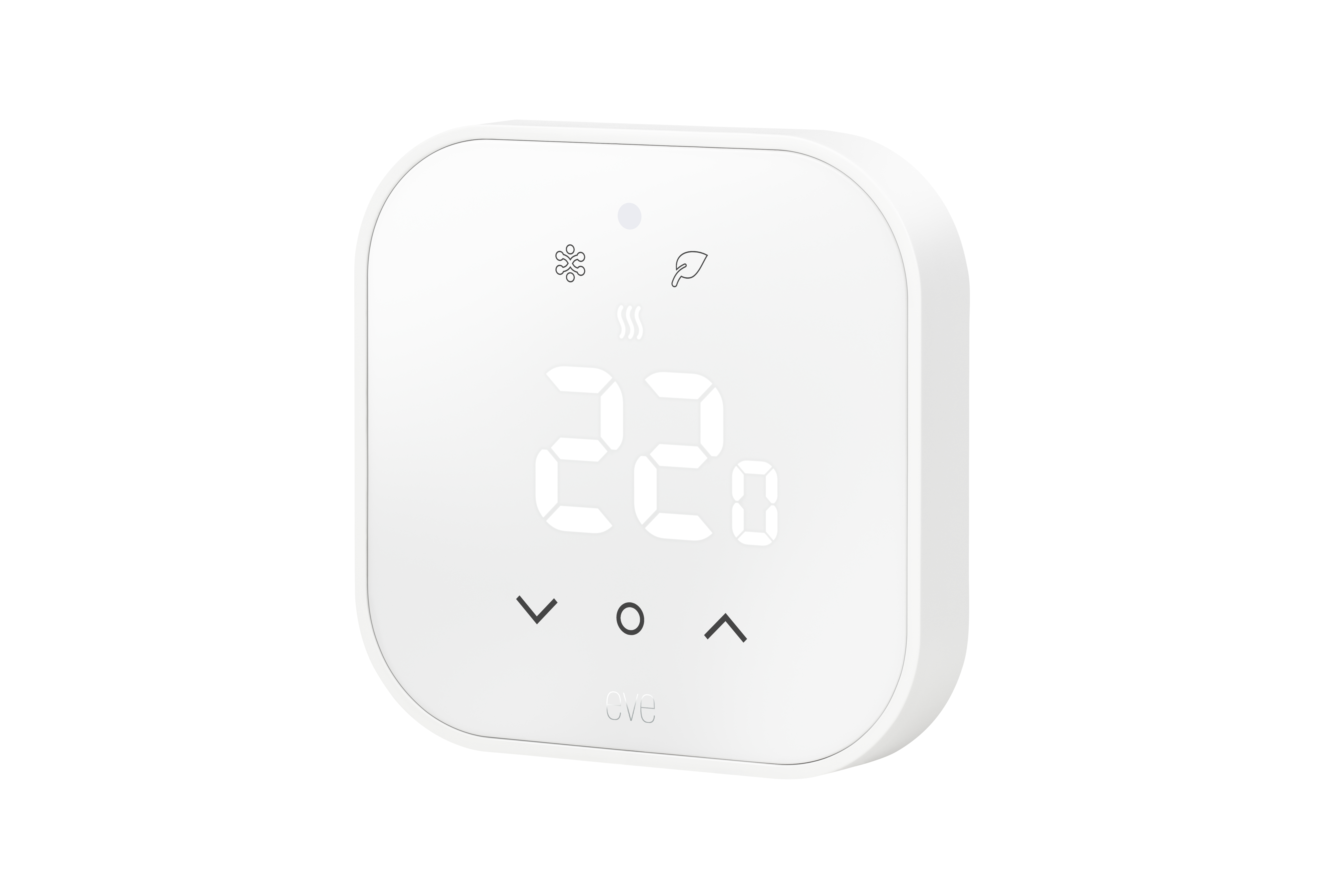 Ein weißes Eve Thermostat mit digitalem Display zeigt die Temperatur von 22 Grad auf einem weißen Hintergrund.