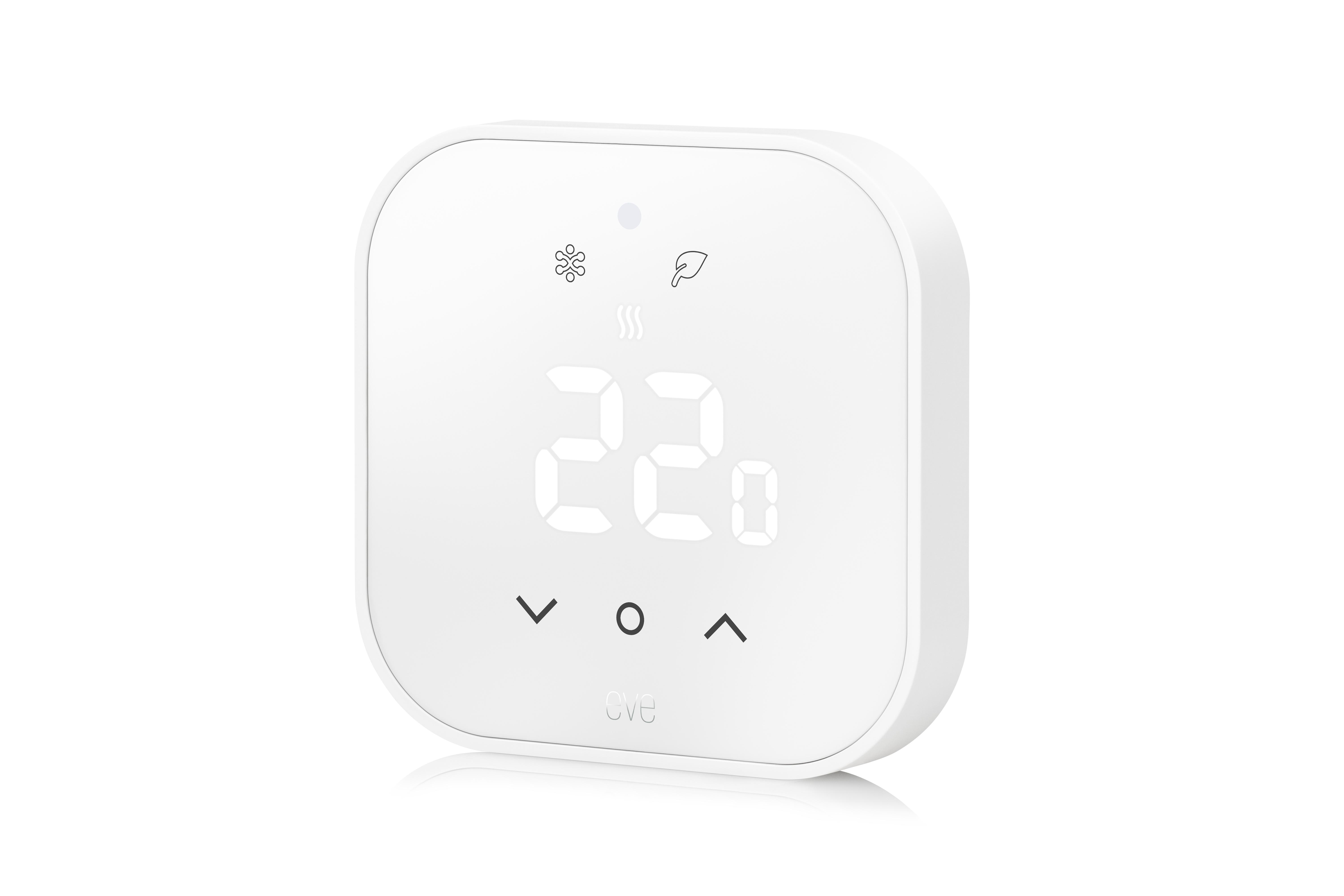 Weißes Eve-Thermostat mit digitaler Anzeige von 22 Grad, Touch-Tasten unten und Symbolen auf weißem Hintergrund.