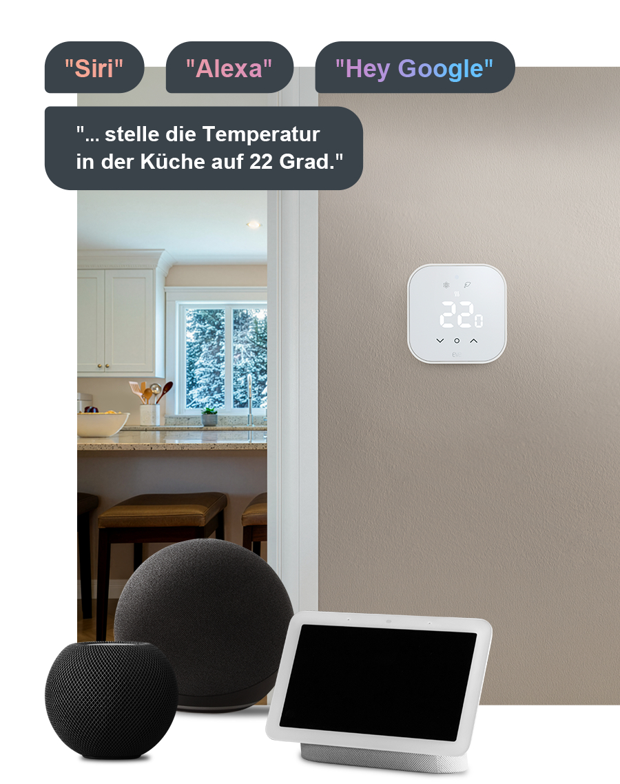 Smart-Home-Geräte wie ein Thermostat und Assistenten vor einer Küche.