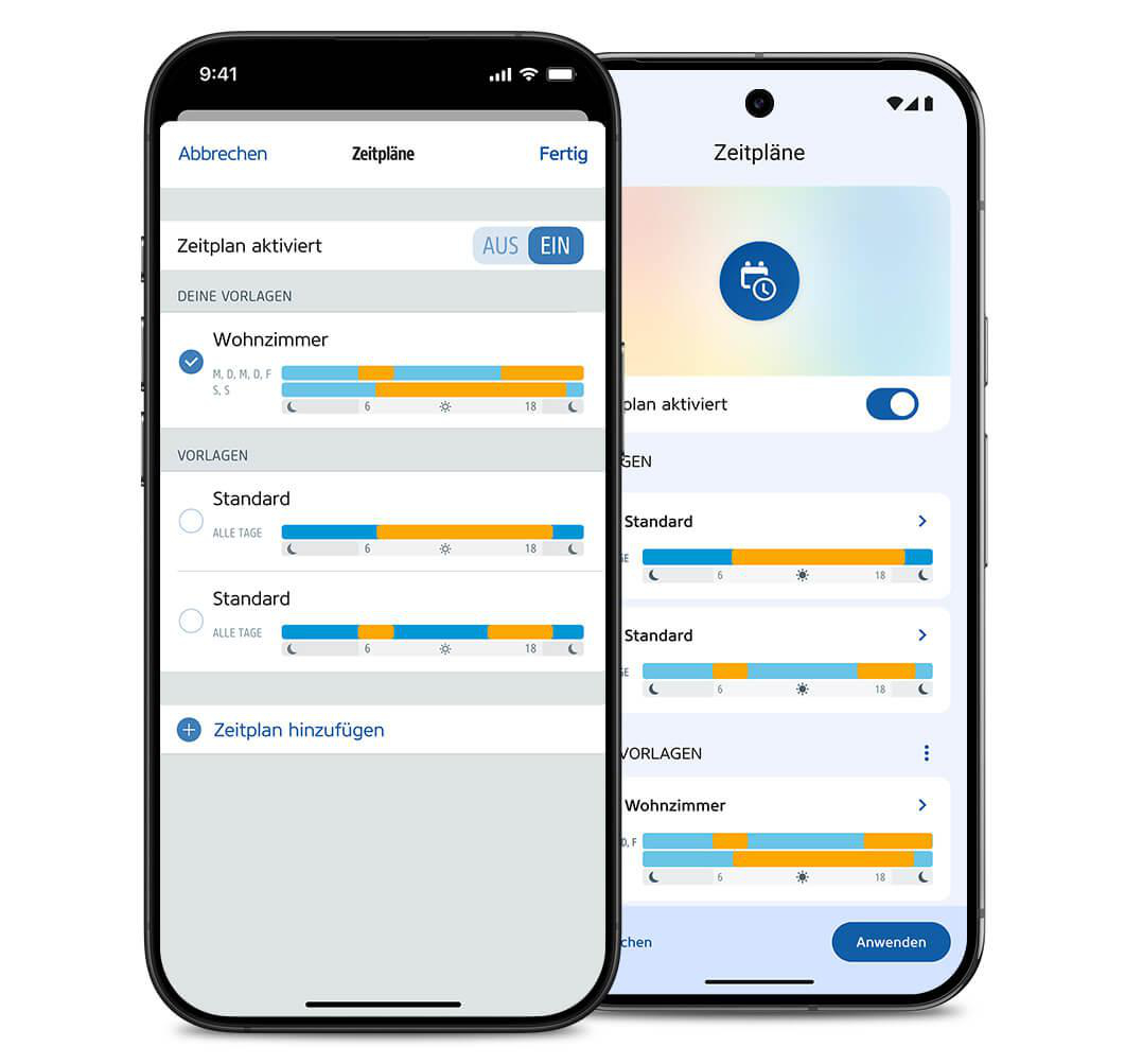 Zwei Smartphones zeigen die Benutzeroberfläche einer App zur Zeitplan- und Automatisierungssteuerung.