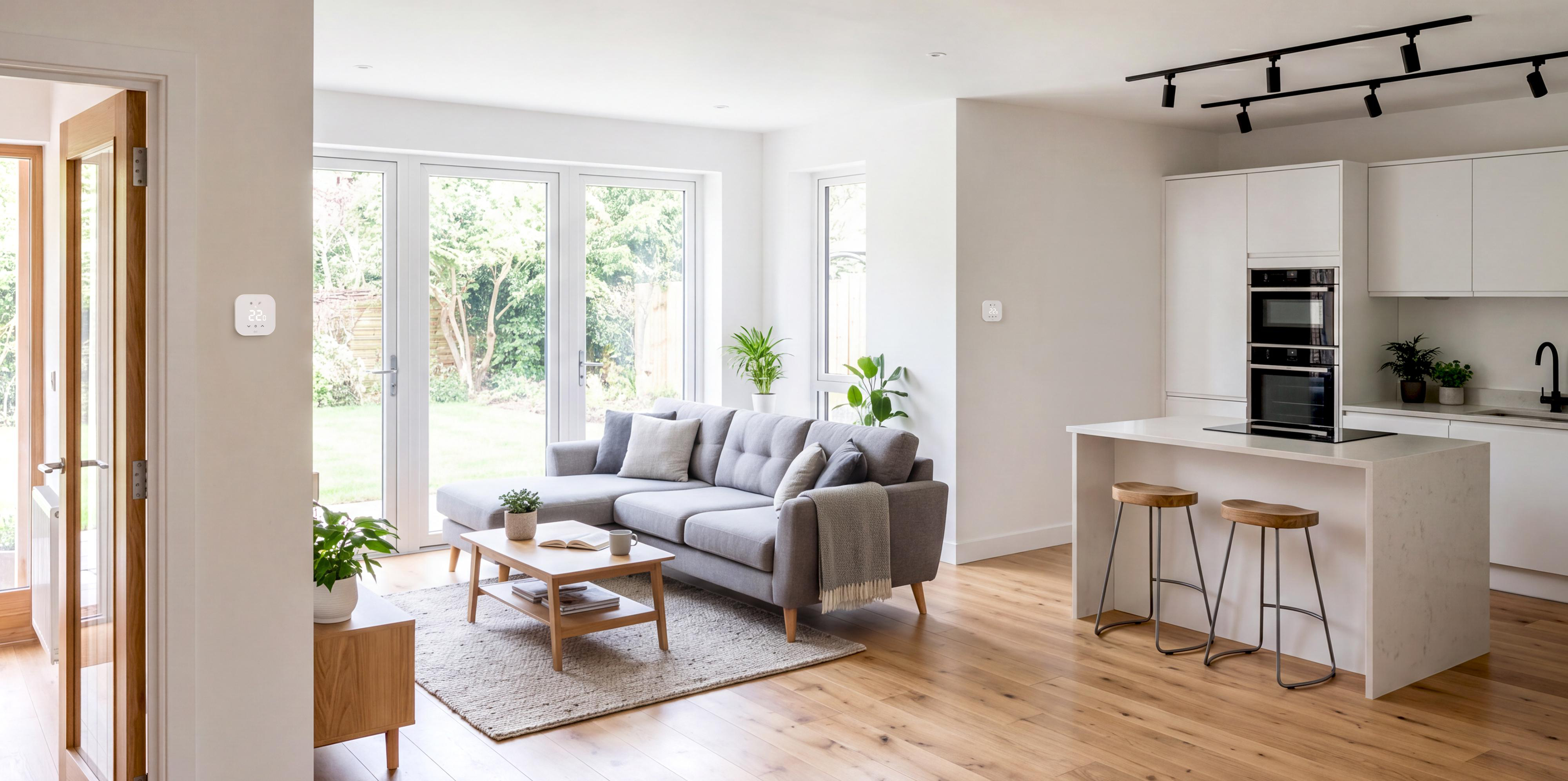 Moderne offene Küche und gemütliches Wohnzimmer mit grauem Sofa, Holztisch und großen Fenstern mit Gartenblick.