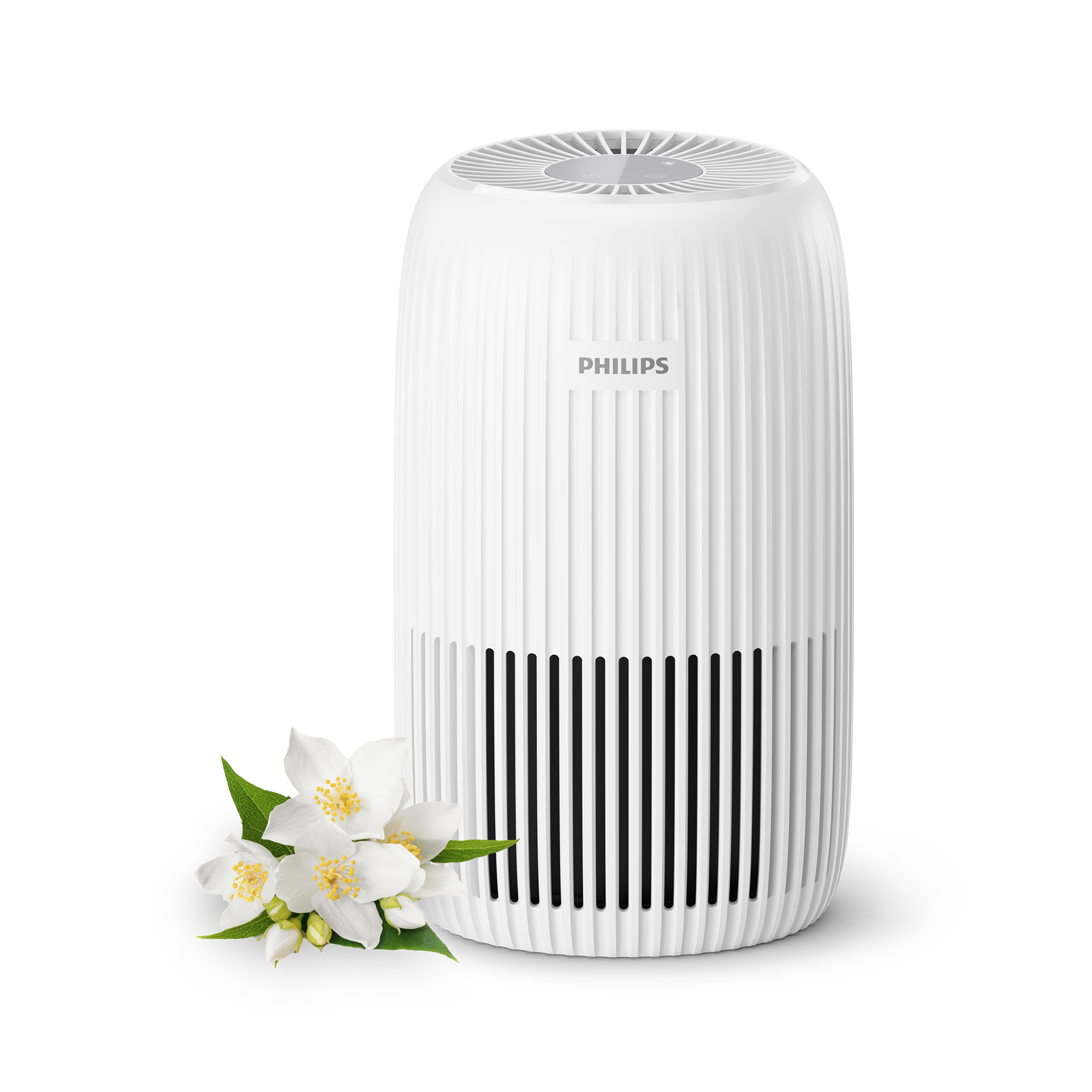 Ein weißer Philips Luftreiniger mit vertikalen Rillen steht neben weißen Jasminblüten auf weißem Hintergrund.