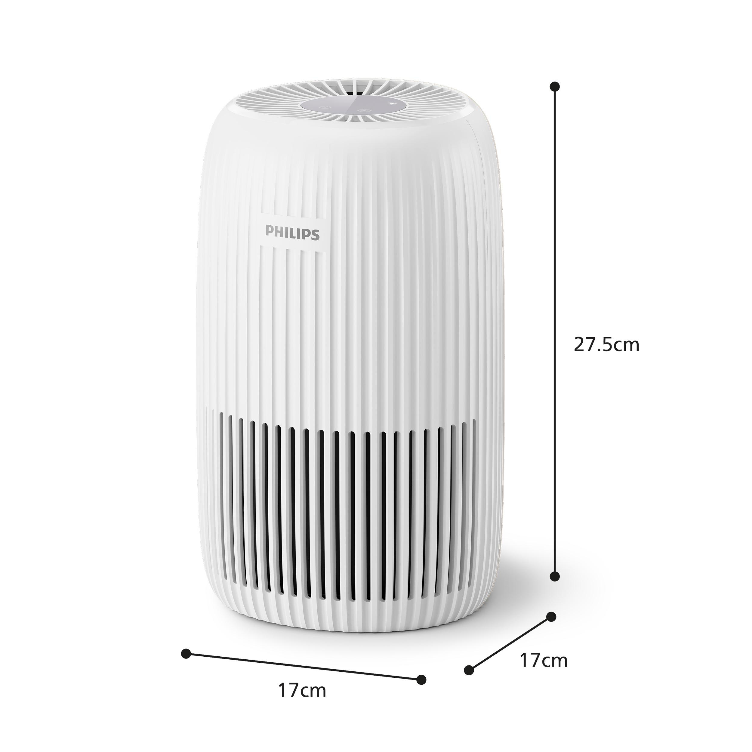 Weißer Philips Luftreiniger mit Maßen von 27.5cm Höhe und je 17cm Breite sowie Tiefe auf weißem Hintergrund.