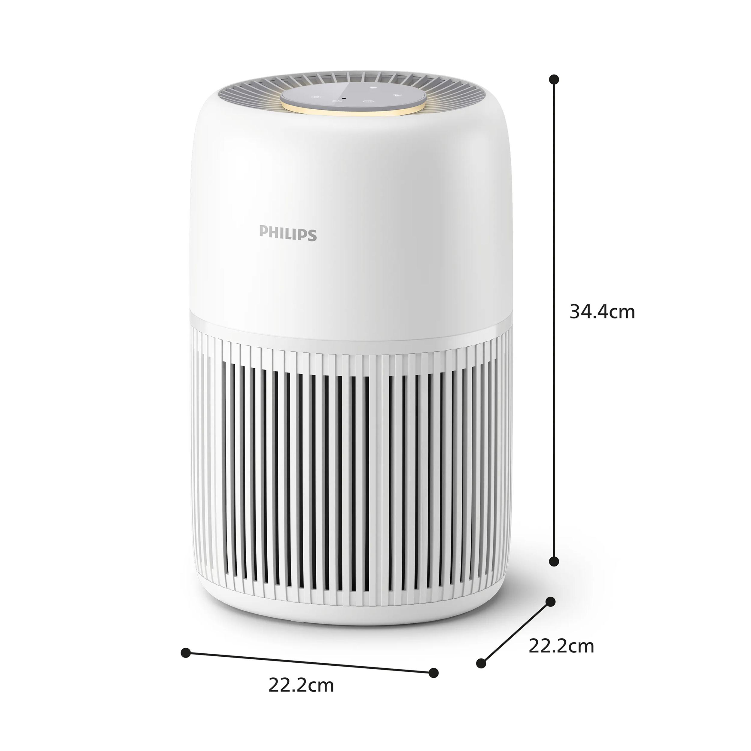 Weißer Philips Luftreiniger mit Maßen 34,4 cm Höhe und je 22,2 cm Breite und Tiefe.